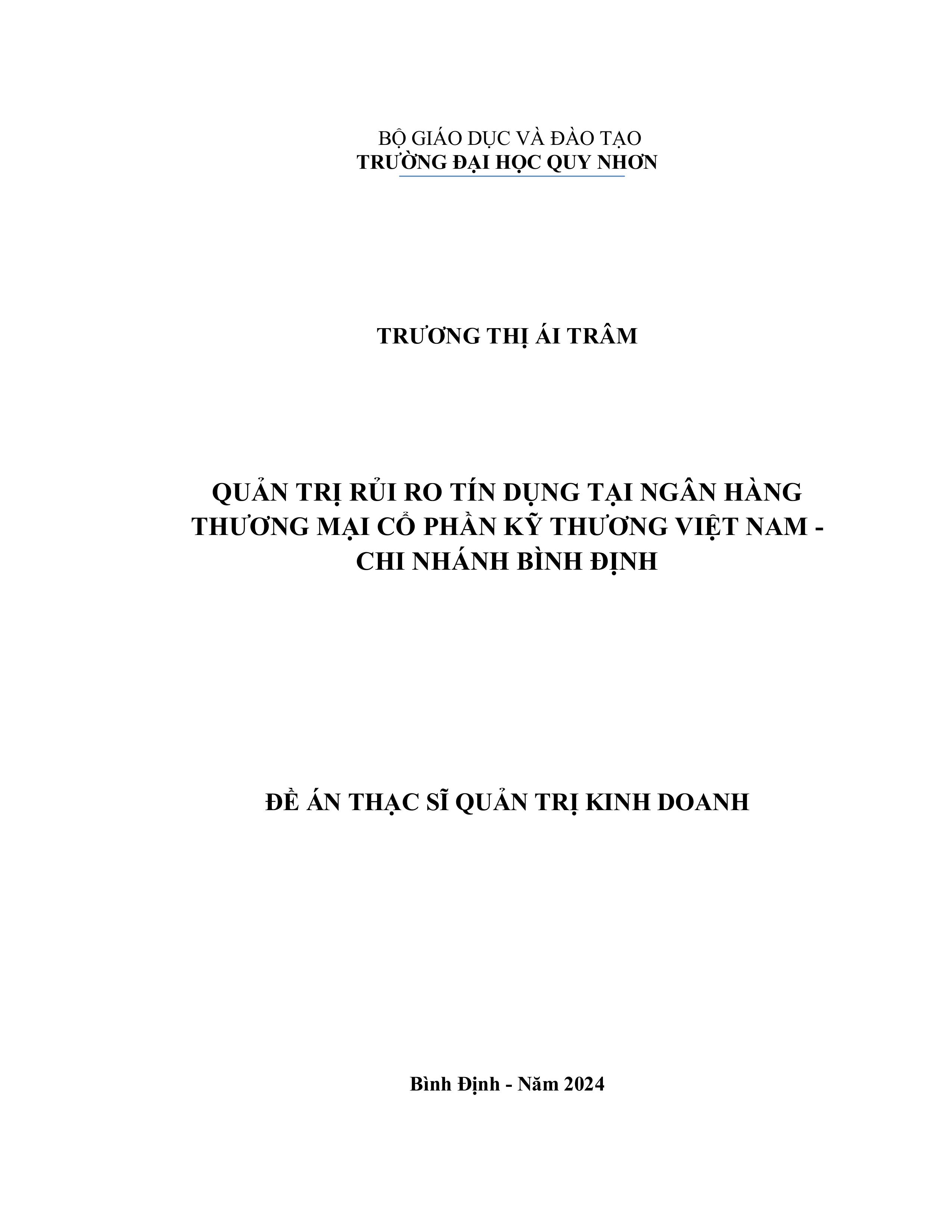Quản trị rủi ro tín dụng tại Ngân hàng Thương mại Cổ phần Kỹ thương Việt Nam - Chi nhánh Bình Định