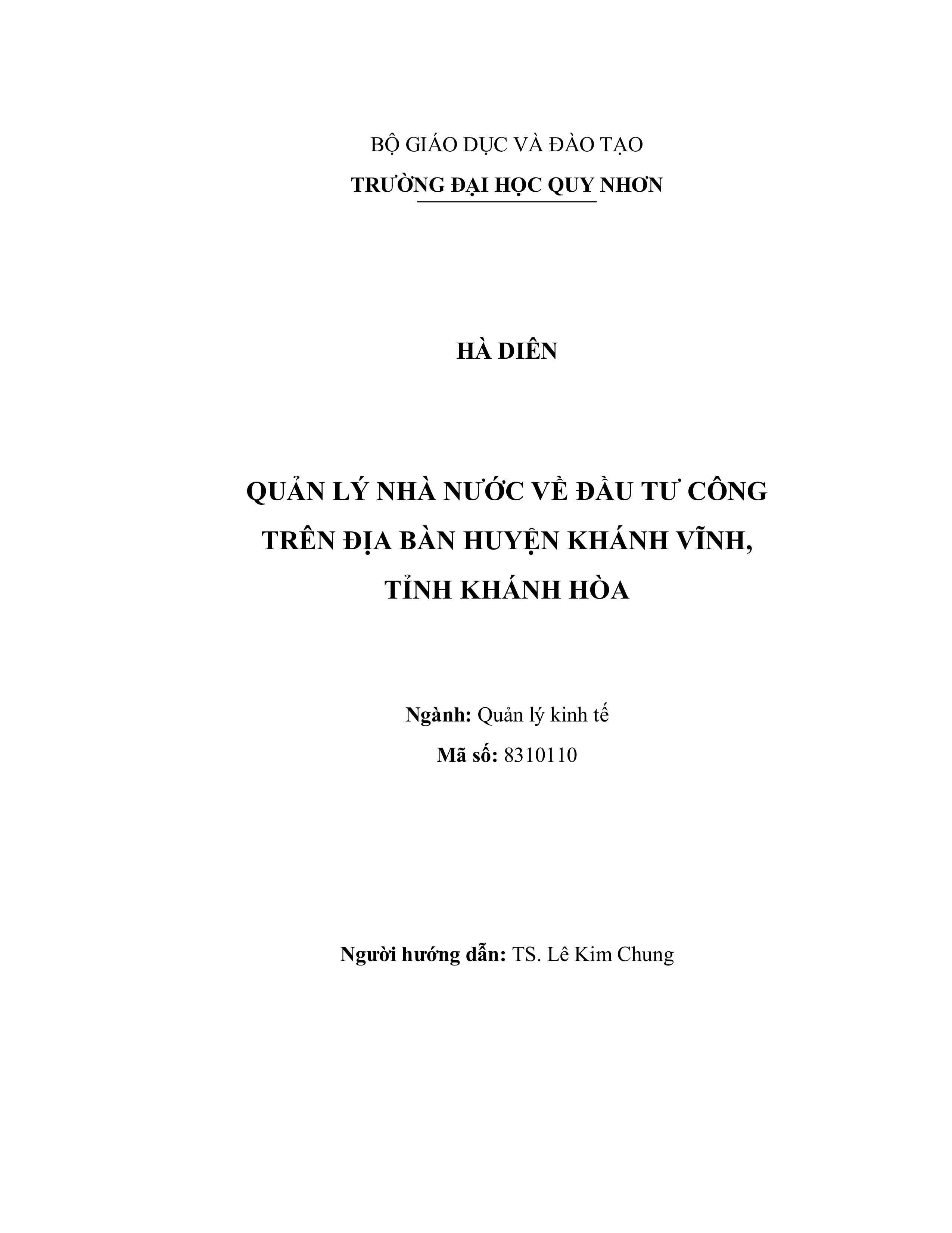 Quản lý nhà nước về đầu tư công trên địa bàn huyện Khánh Vĩnh, tỉnh Khánh Hòa