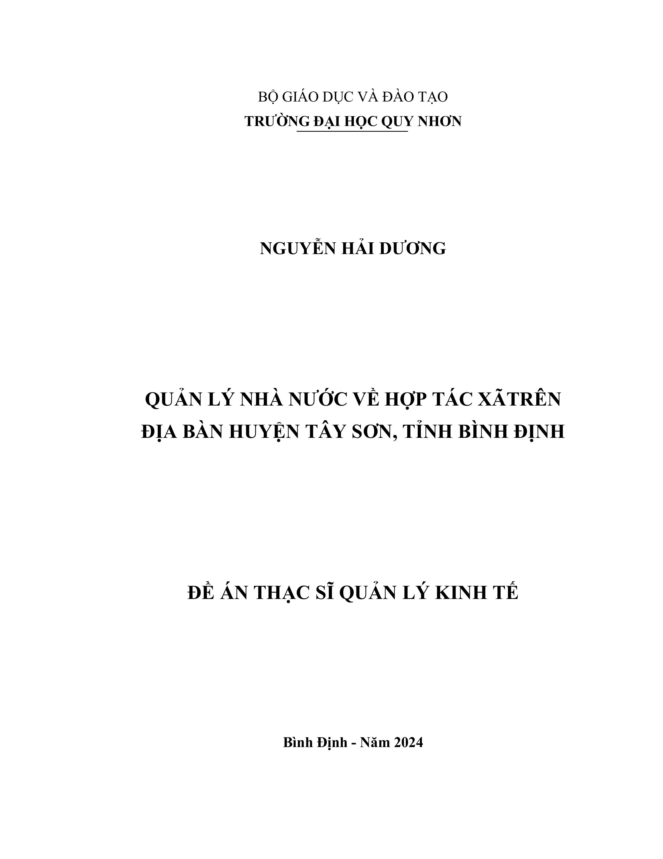 Quản lý nhà nước về hợp tác xã trên địa bàn huyện Tây Sơn, tỉnh Bình Định