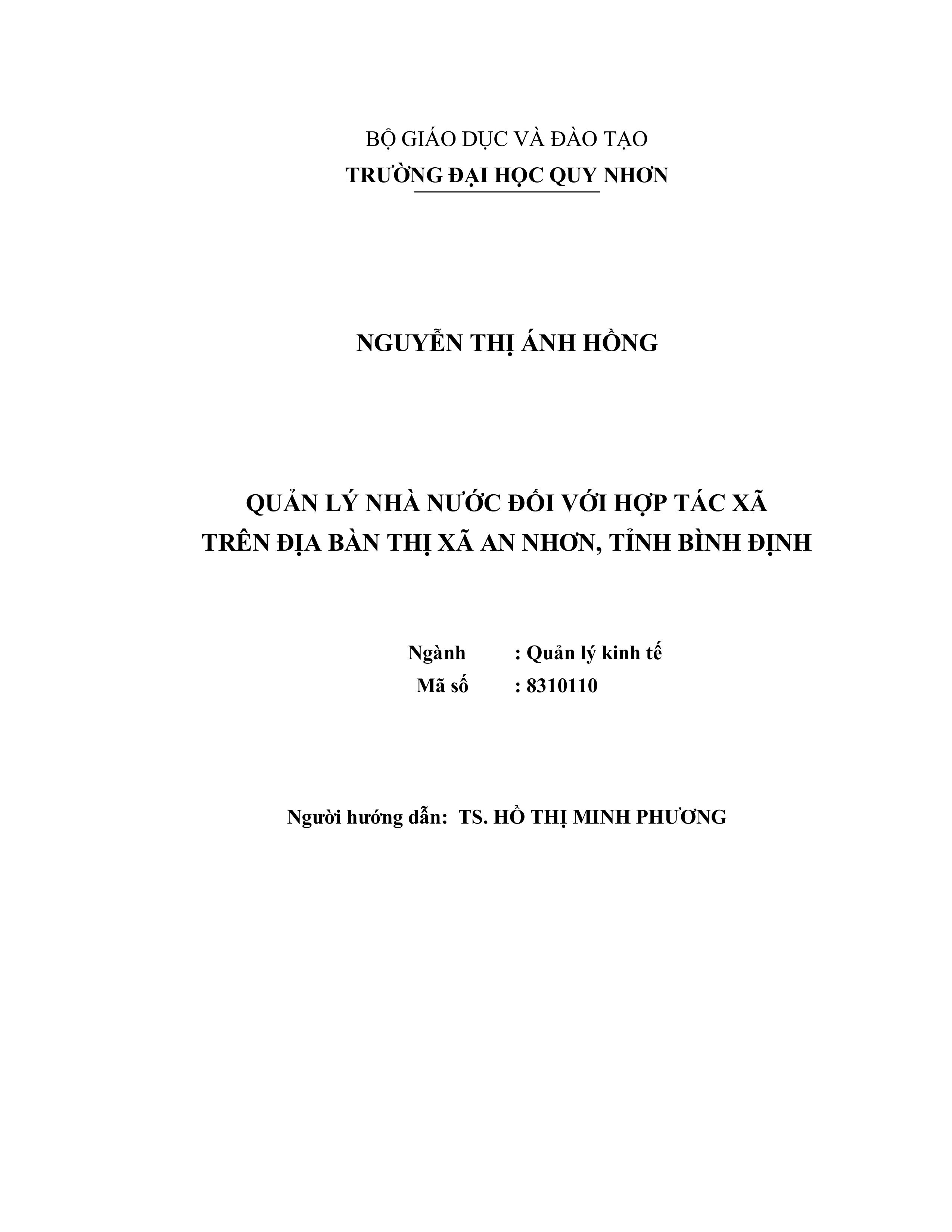 Quản lý nhà nước đối với hợp tác xã trên địa bàn thị xã An Nhơn, tỉnh Bình Định
