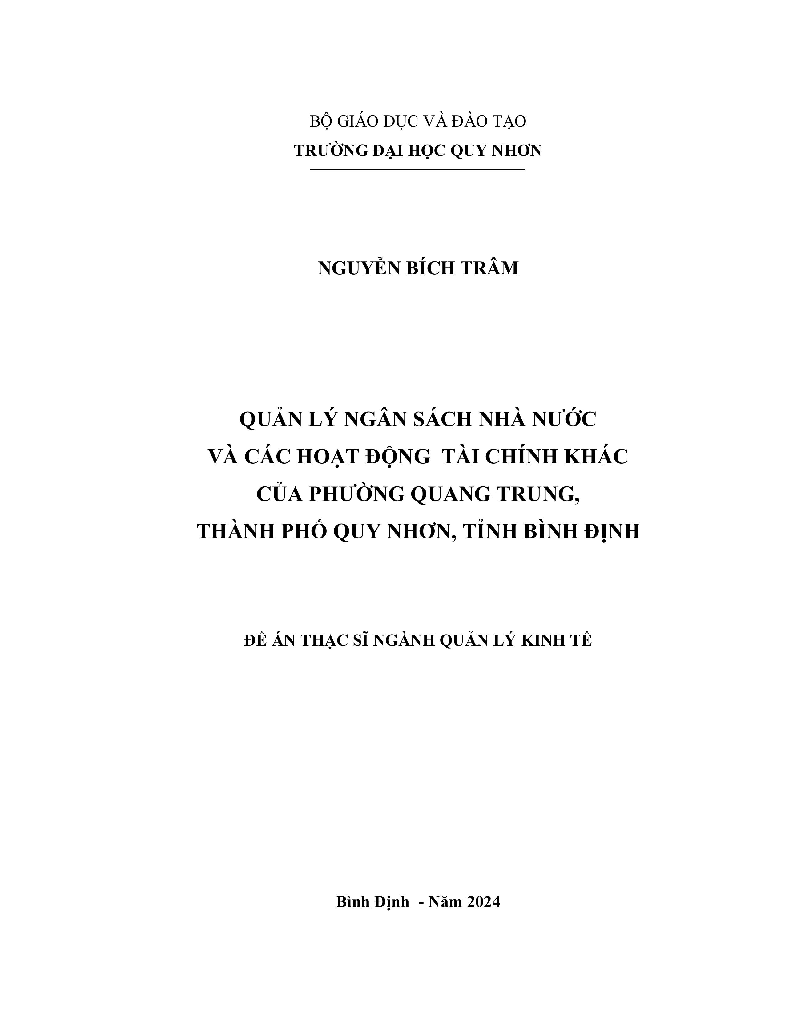 Quản lý ngân sách nhà nước và các hoạt động tài chính khác của phường Quang Trung, thành phố Quy Nhơn, tỉnh Bình Định