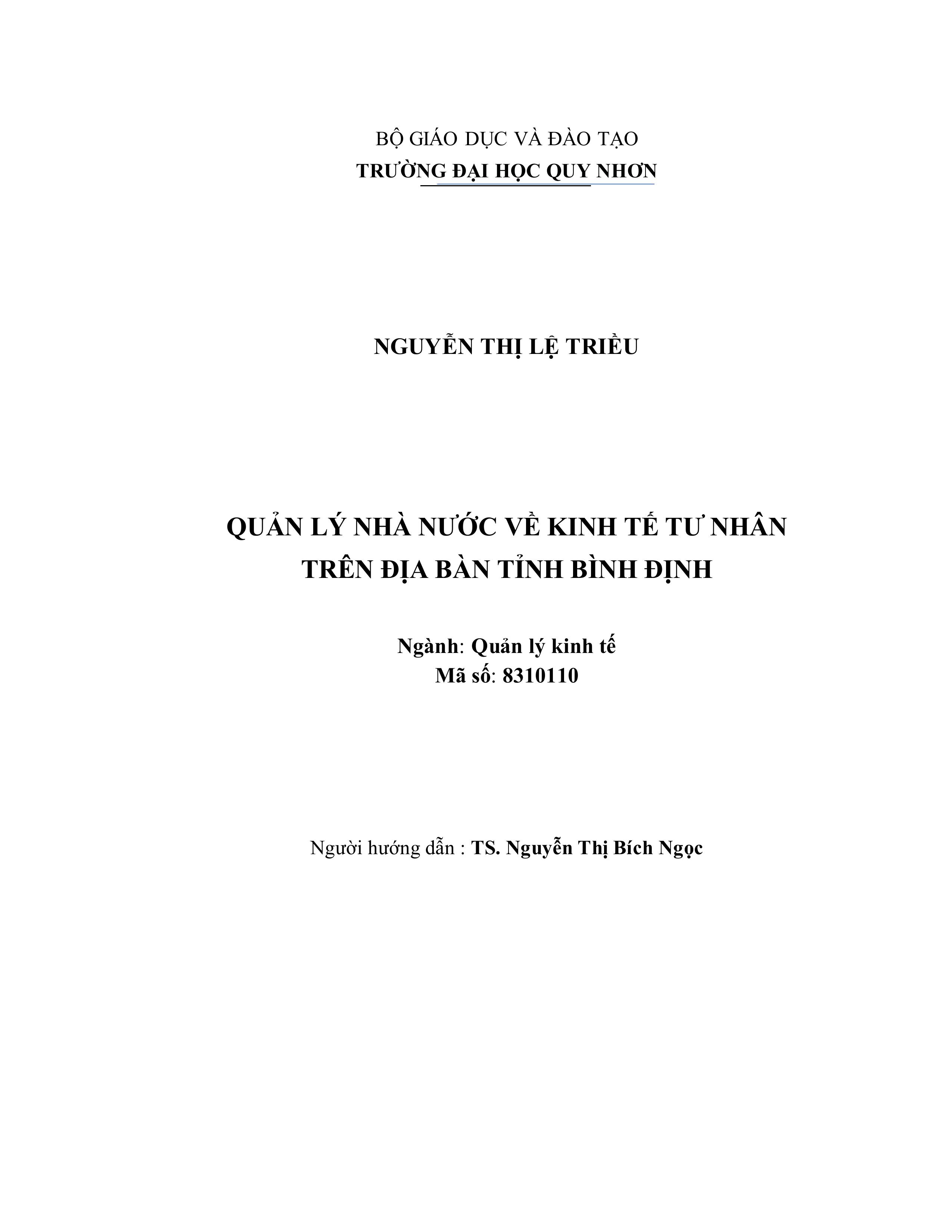 Quản lý nhà nước về kinh tế tư nhân trên địa bàn tỉnh Bình Định