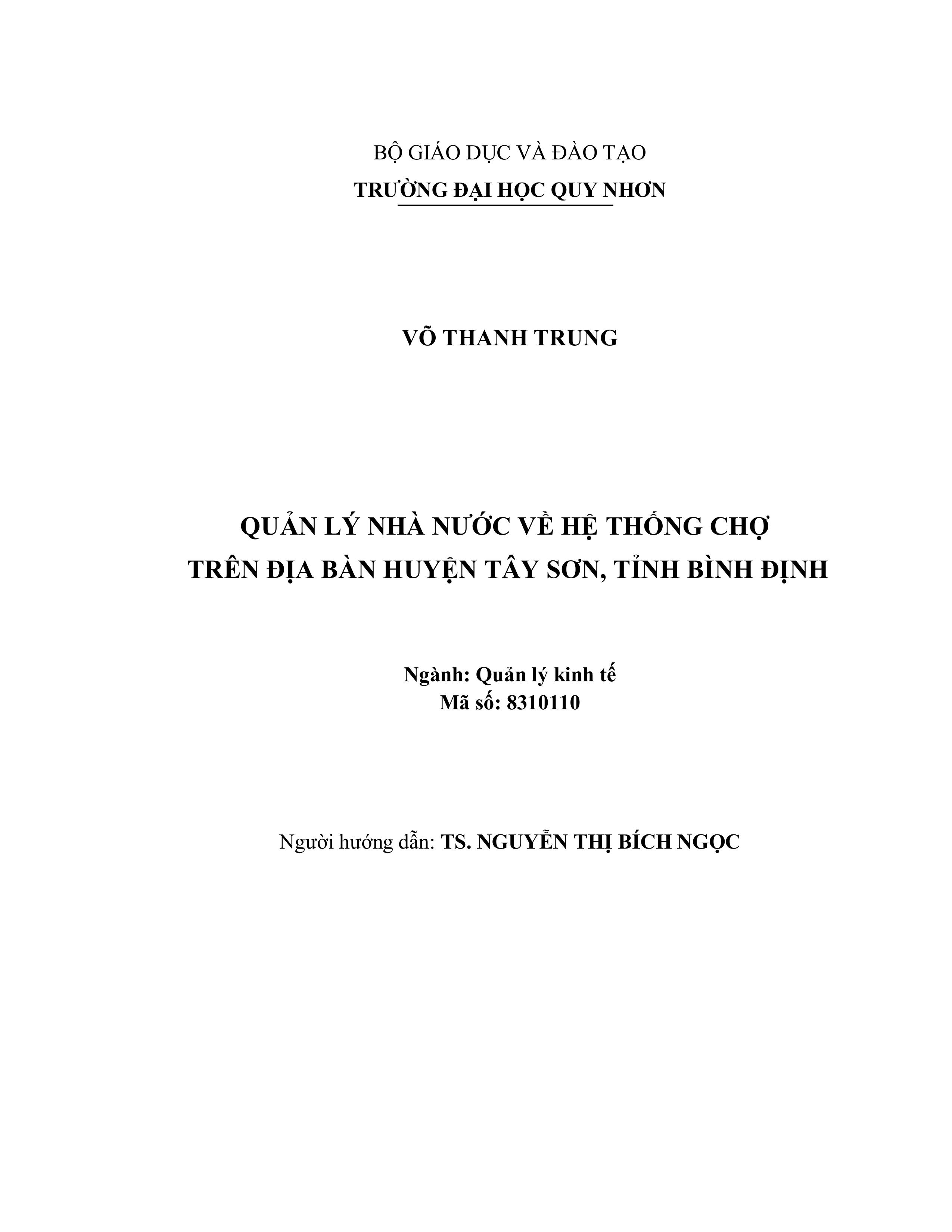 Quản lý nhà nước về hệ thống chợ trên địa bàn huyện Tây Sơn, tỉnh Bình Định