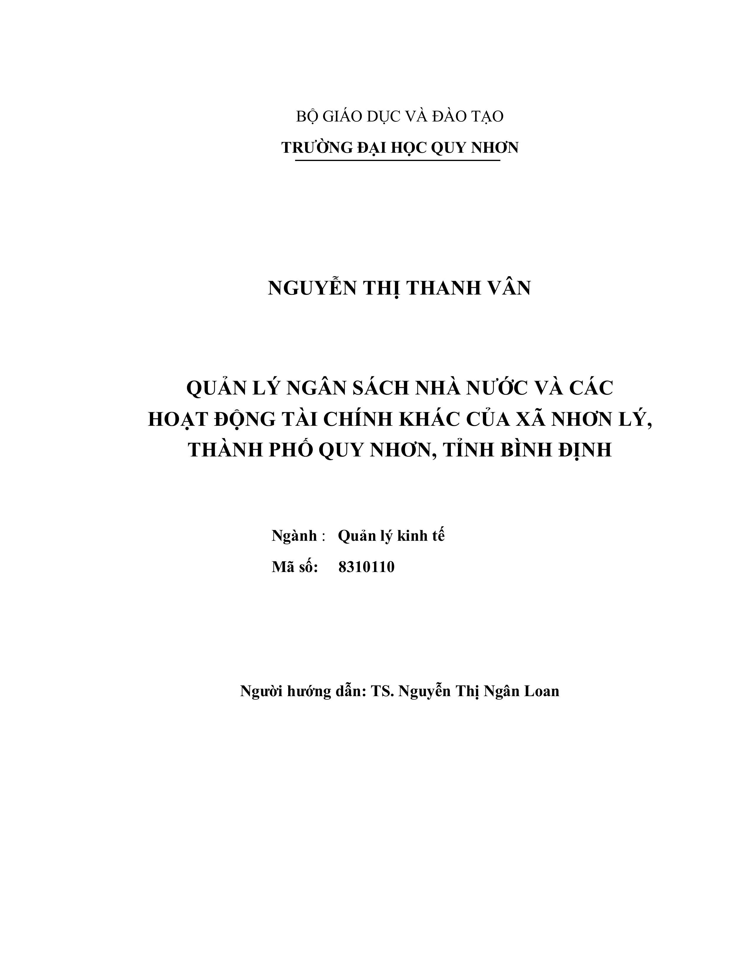 Quản lý ngân sách nhà nước và các hoạt động tài chính khác của xã Nhơn Lý, thành phố Quy Nhơn, tỉnh Bình Định