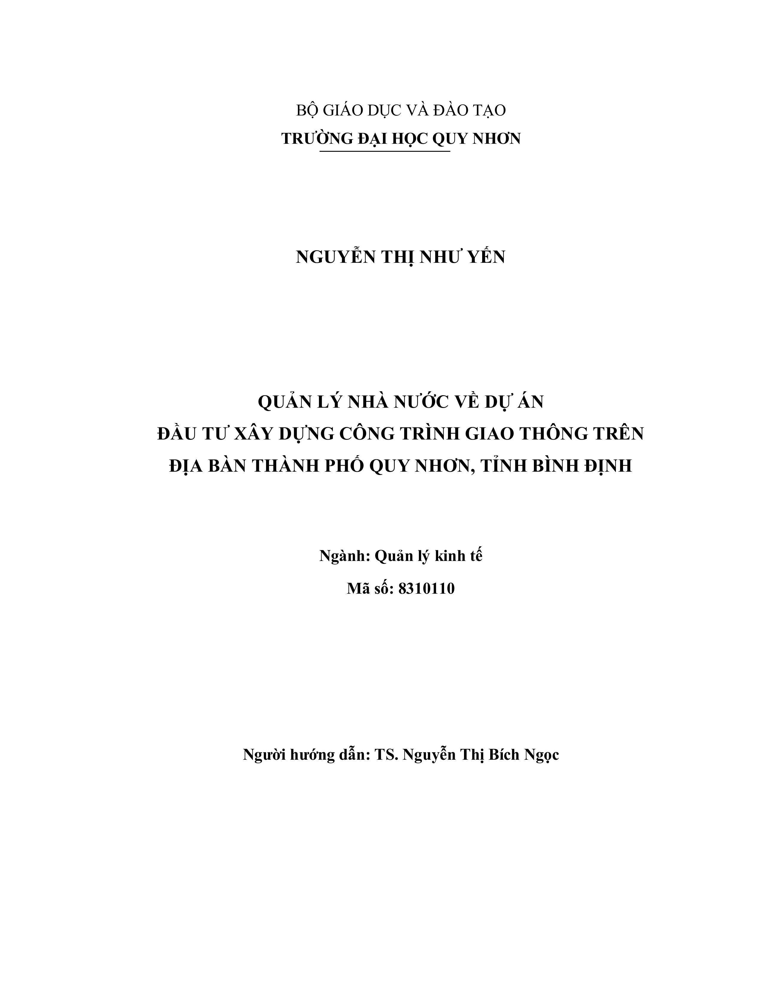 Quản lý nhà nước về dự án đầu tư xây dựng công trình giao thông trên địa bàn thành phố Quy Nhơn, tỉnh Bình Định