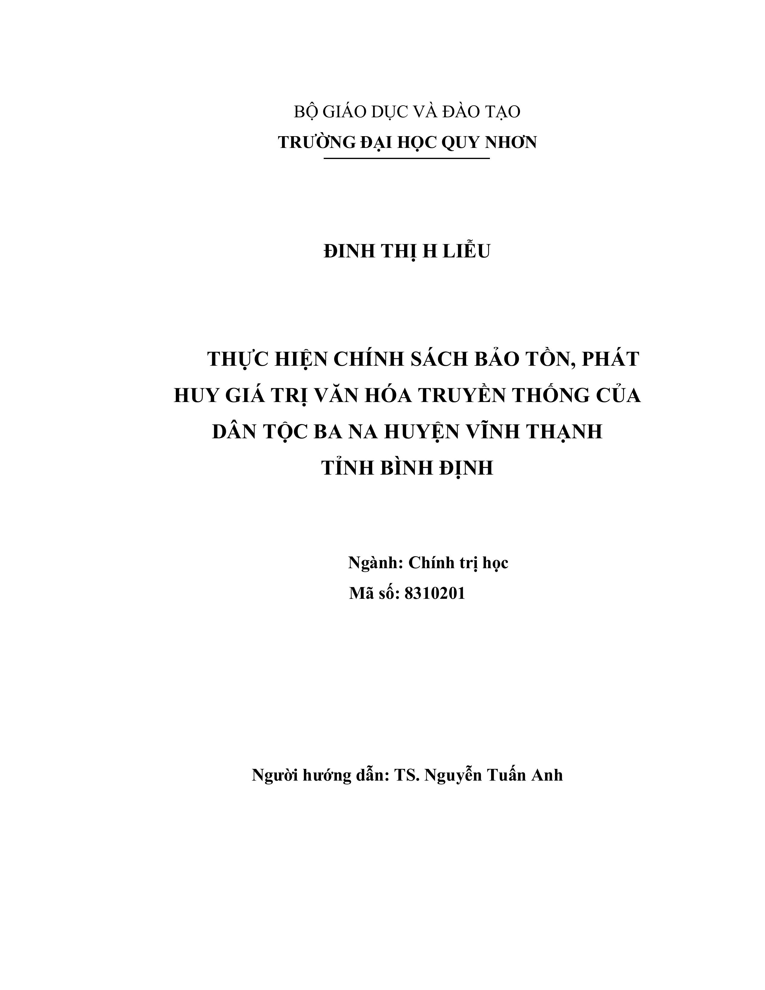 Thực hiện chính sách bảo tồn, phát huy giá trị văn hóa truyền thống của dân tộc Ba Na huyện Vĩnh Thạnh tỉnh Bình Định