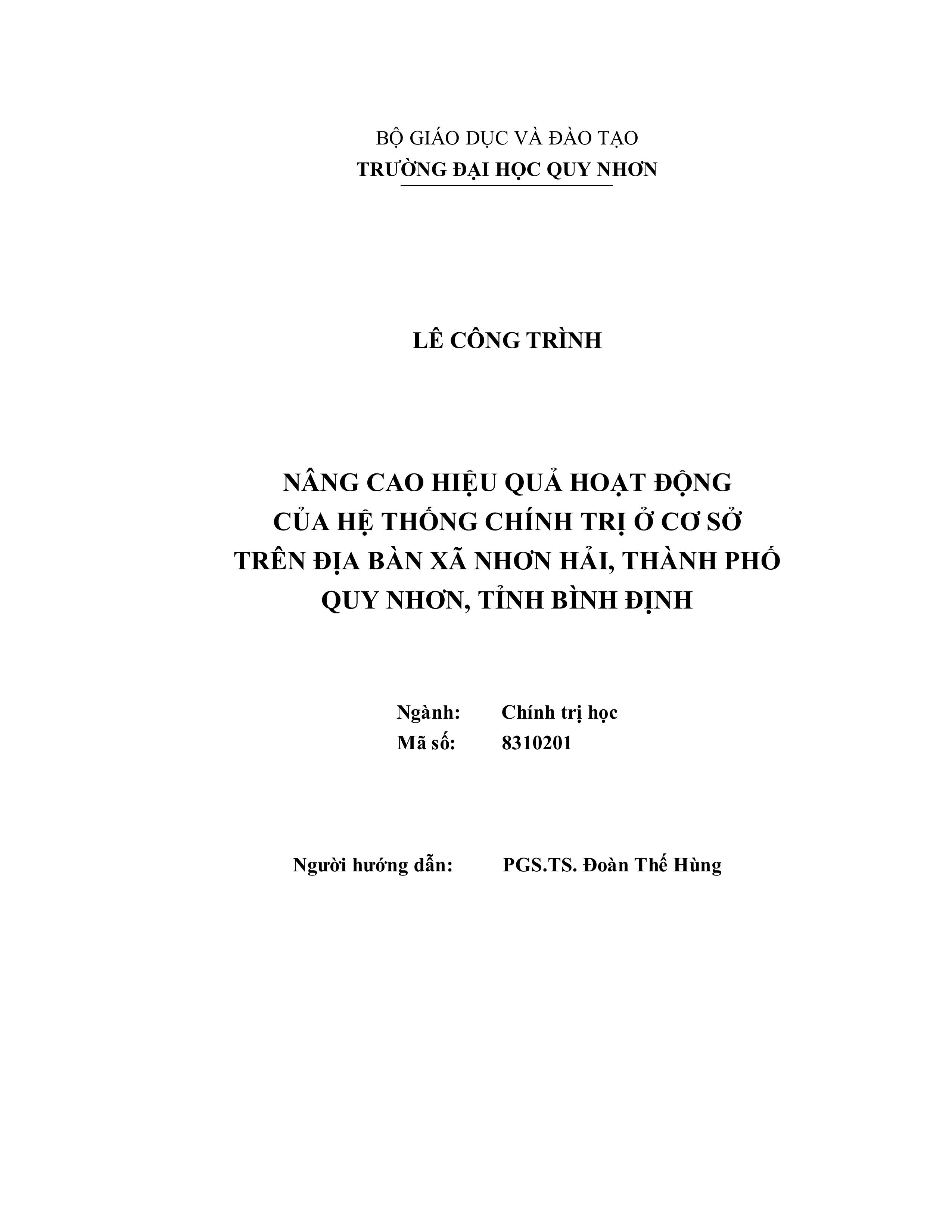 Nâng cao hiệu quả hoạt động của hệ thống chính trị cơ sở ở xã Nhơn Hải, thành phố Quy Nhơn, tỉnh Bình Định