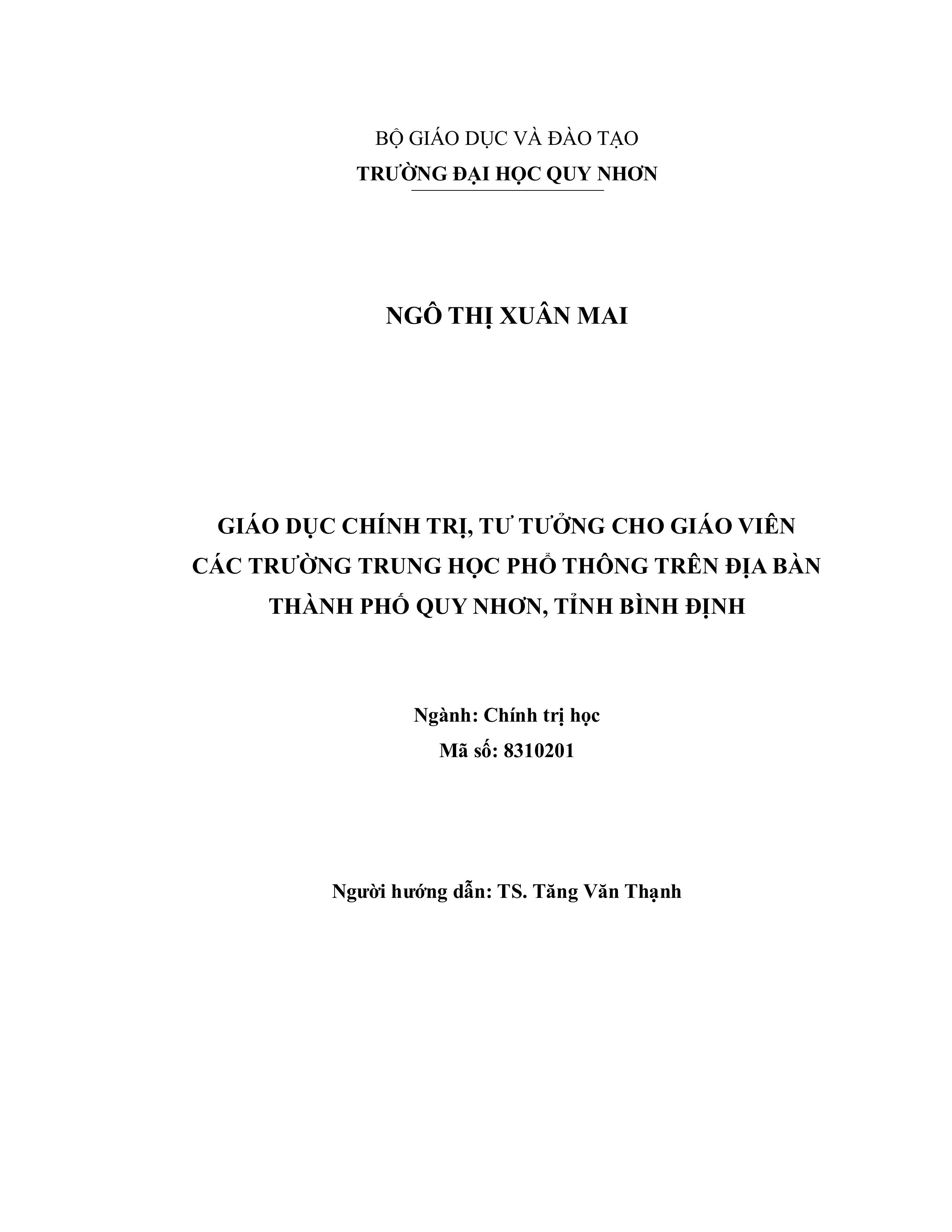 Giáo dục chính trị, tư tưởng cho giáo viên các trường trung học phổ thông trên địa bàn thành phố Quy Nhơn, tỉnh Bình Định