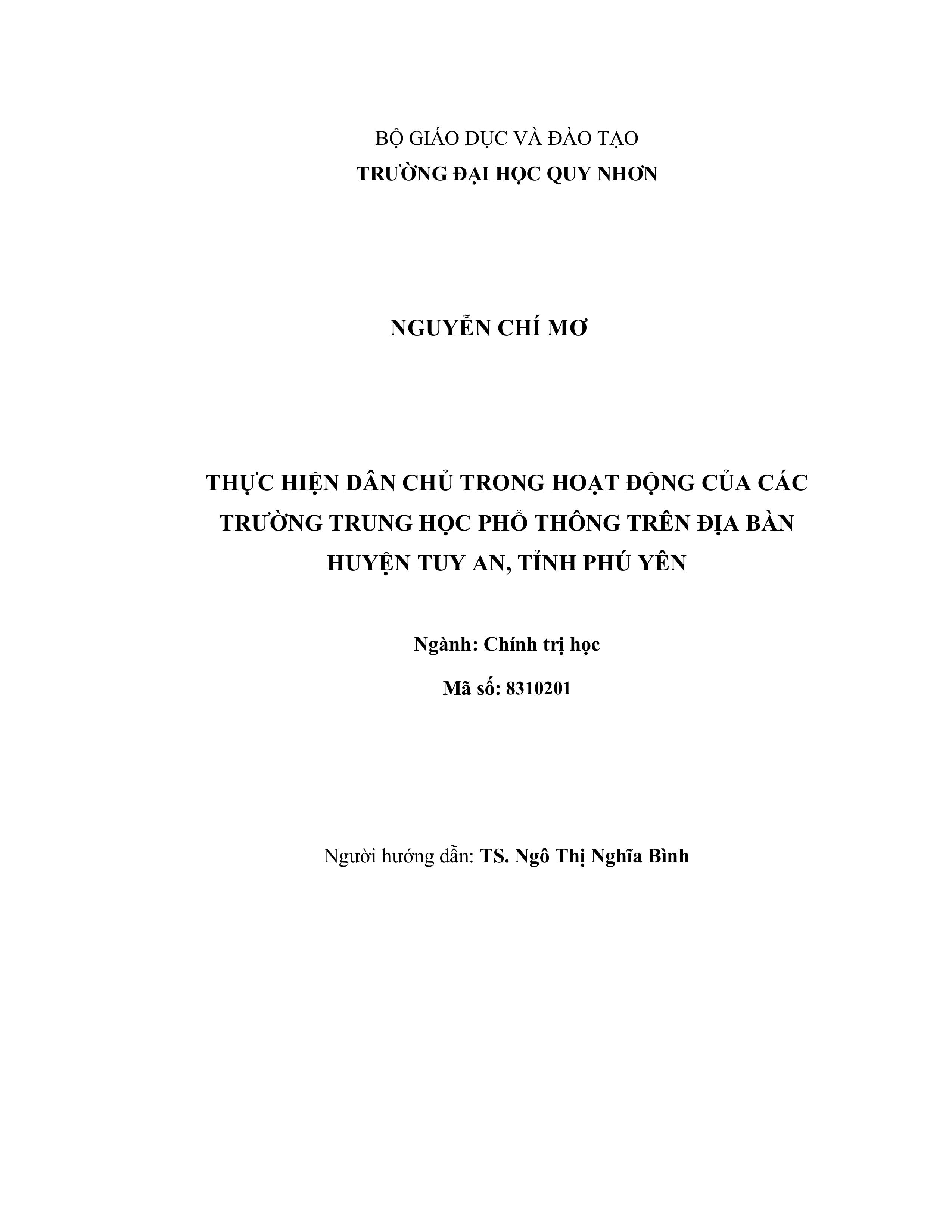 Thực hiện dân chủ trong hoạt động của các trường Trung học phổ thông trên địa bàn huyện Tuy An, tỉnh Phú Yên