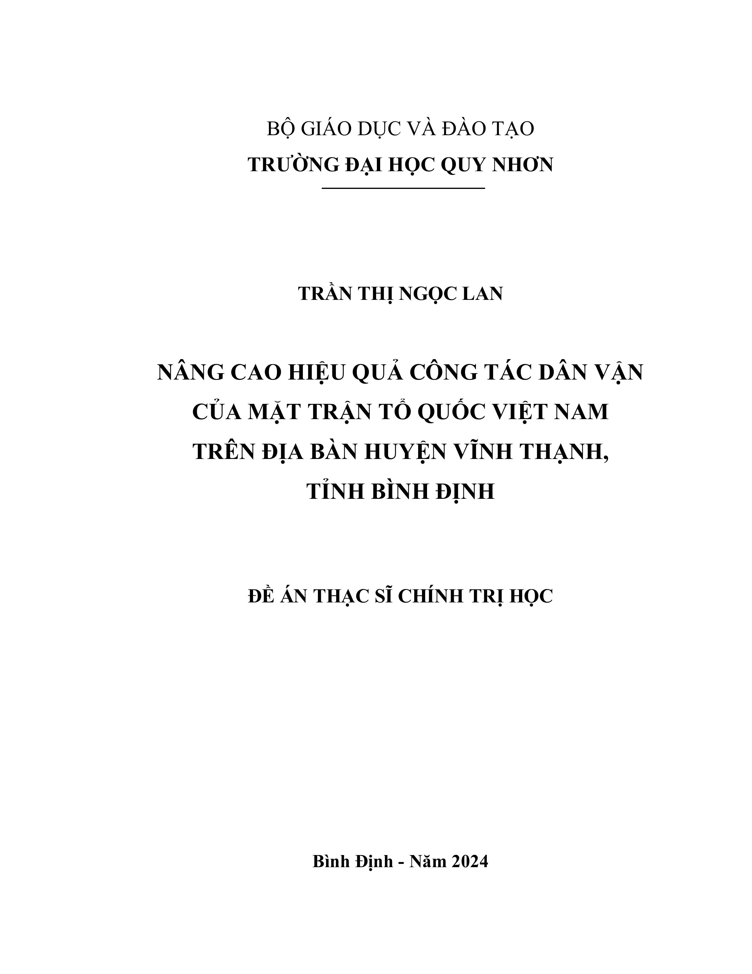 Nâng cao hiệu quả công tác dân vận của Mặt trận Tổ quốc Việt Nam trên địa bàn huyện Vĩnh Thạnh, tỉnh Bình Định