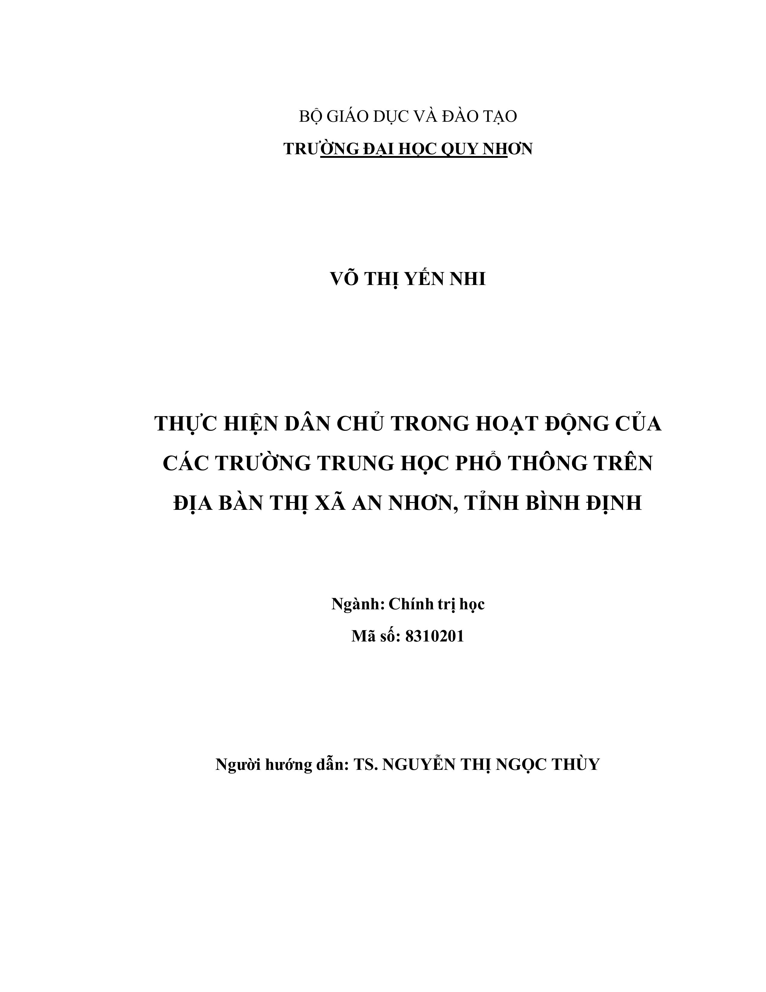 Thực hiện dân chủ trong hoạt động của các trường trung học phổ thông trên địa bàn thị xã An Nhơn, tỉnh Bình Định