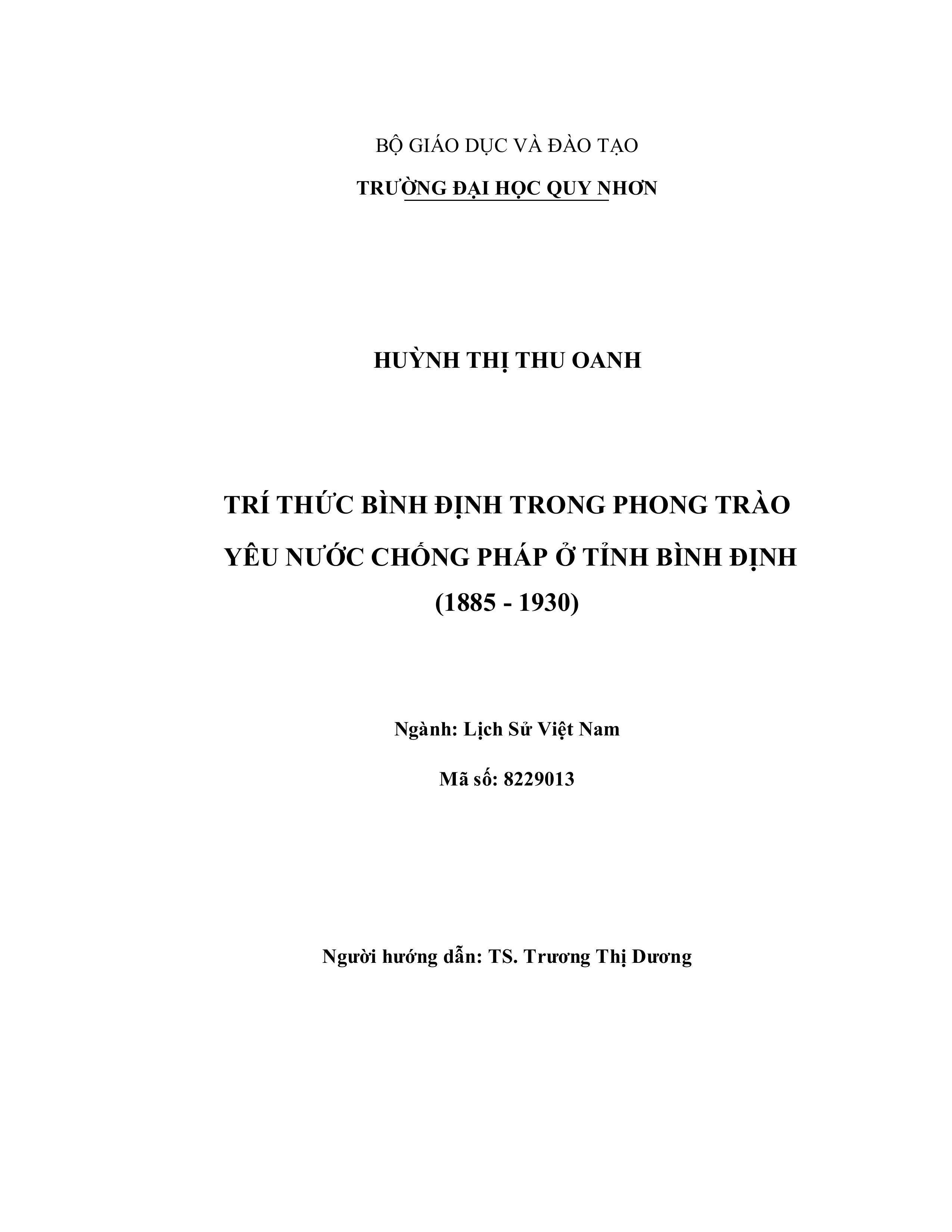 Trí thức Bình Định trong phong trào yêu nước chống Pháp ở tỉnh Bình Định (1885 - 1930)