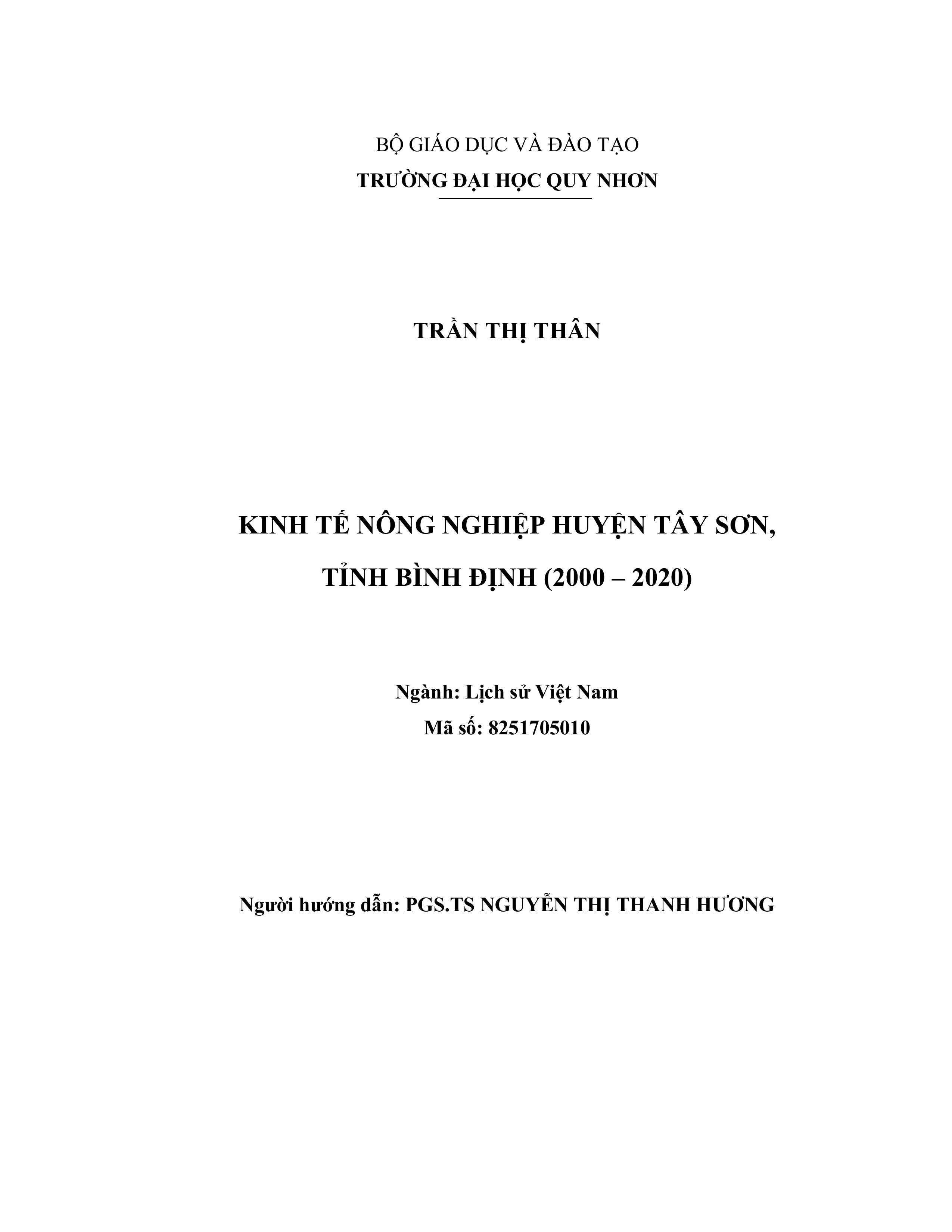 Kinh tế nông nghiệp huyện Tây Sơn, tỉnh Bình Định (2000 - 2020)