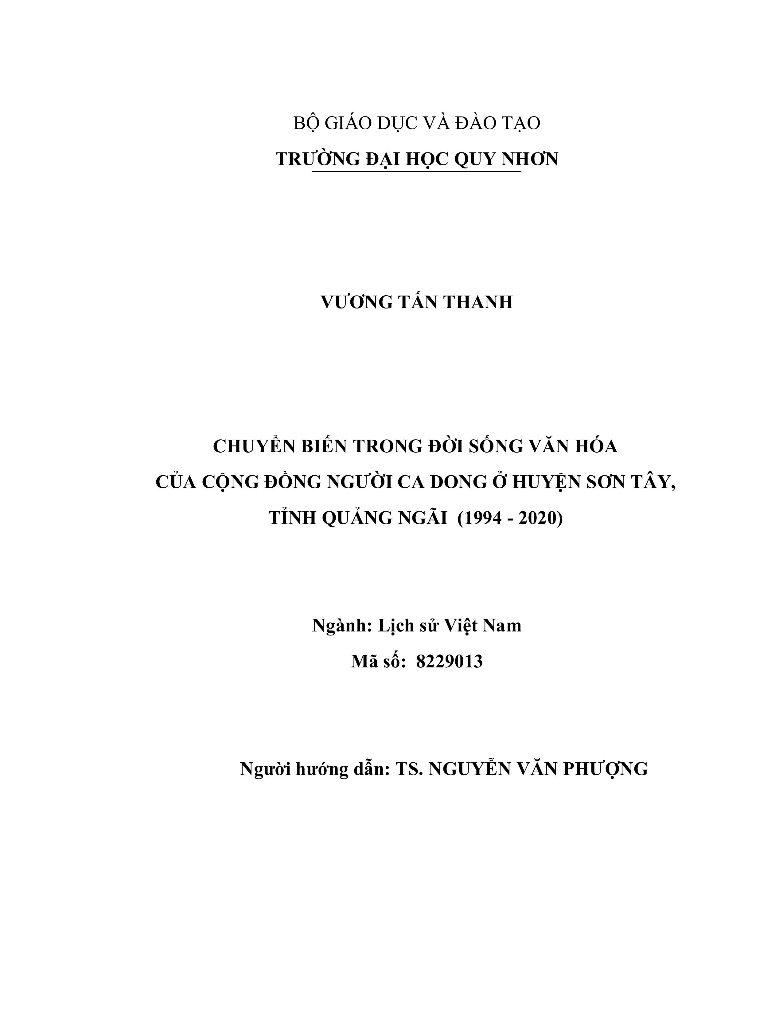 Chuyển biến trong đời sống văn hóa của cộng đồng người Ca Dong ở huyện Sơn Tây, tỉnh Quảng Ngãi (1994 - 2020)