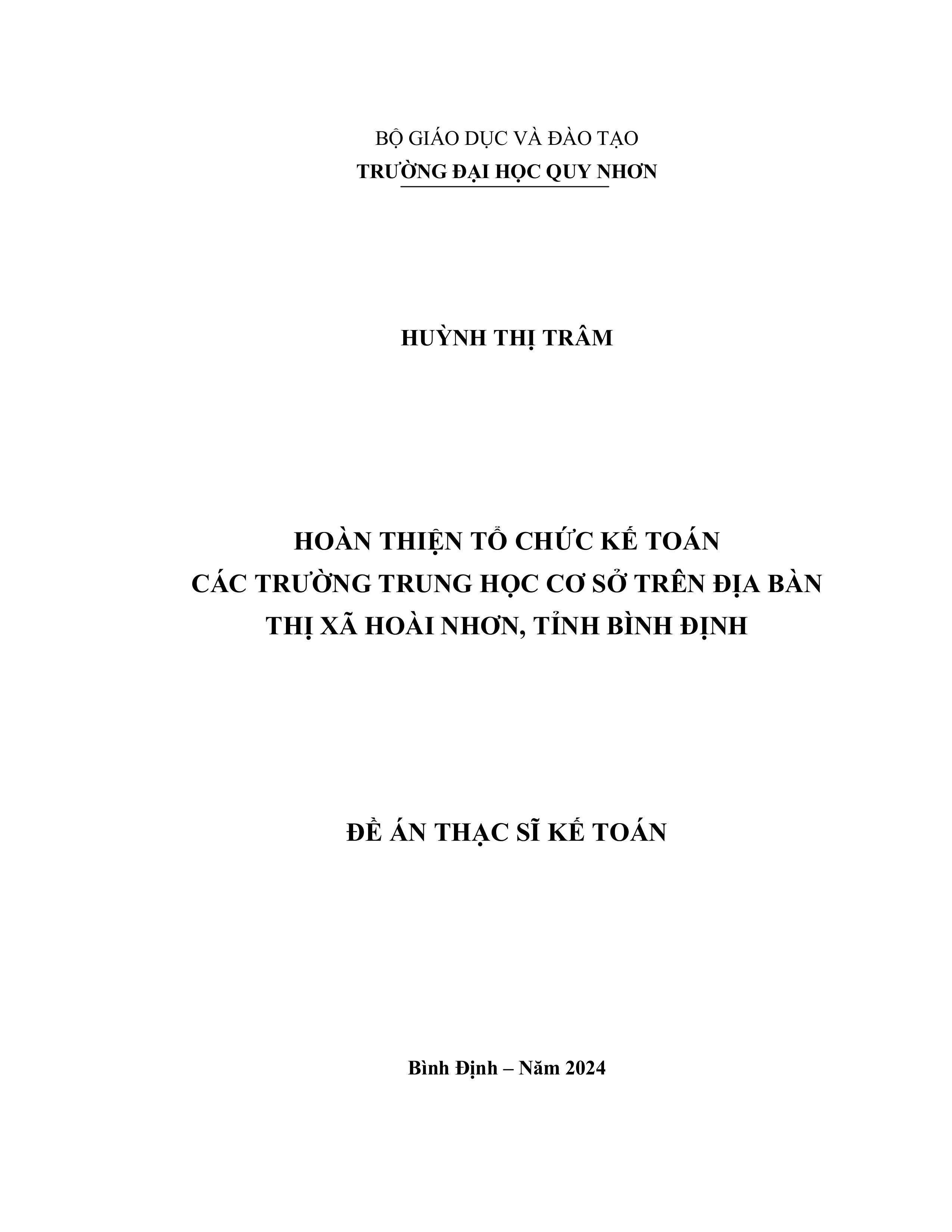 Hoàn thiện tổ chức kế toán các trường Trung học cơ sở trên địa bàn thị xã Hoài Nhơn, tỉnh Bình Định