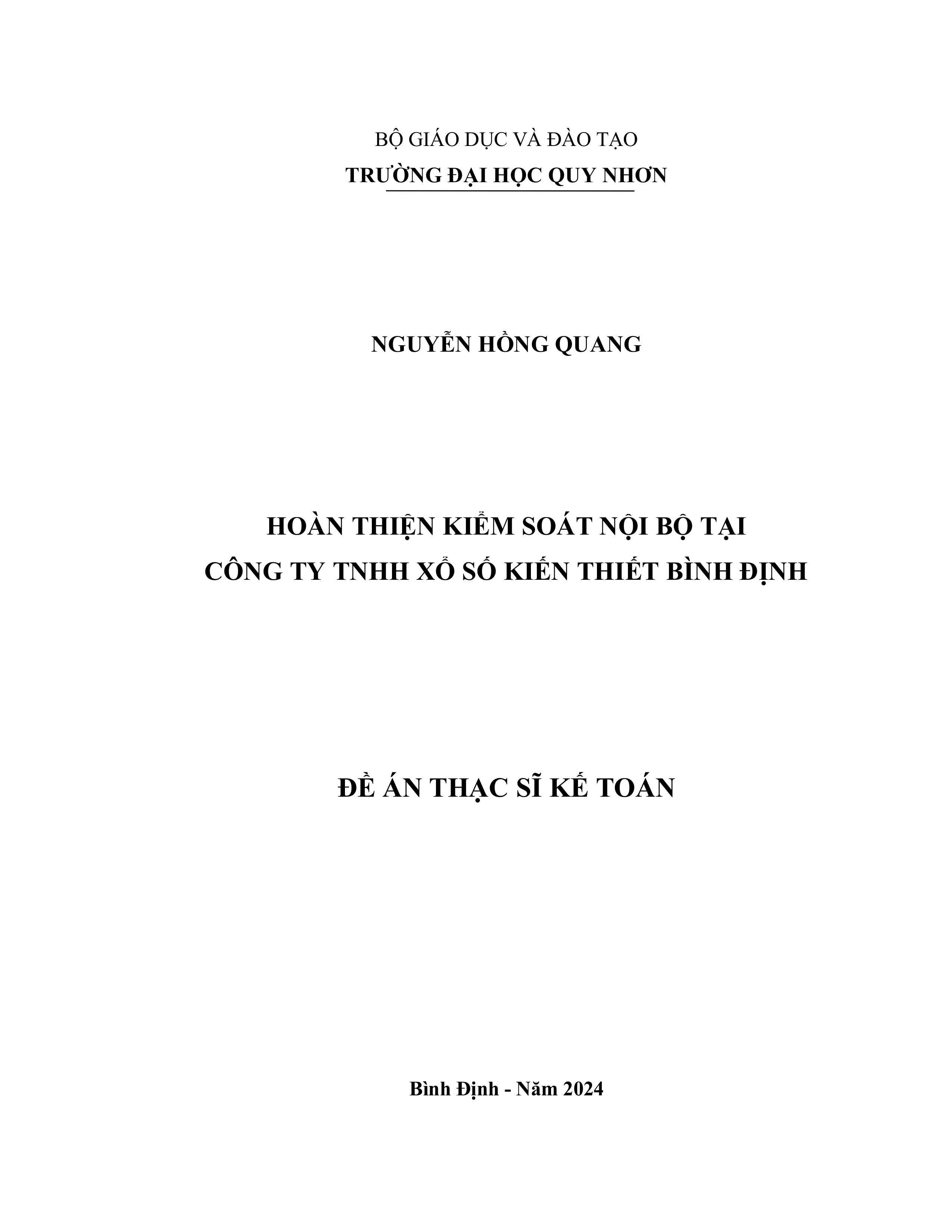 Hoàn thiện kiểm soát nội bộ tại Công ty TNHH Xổ số kiến thiết Bình Định