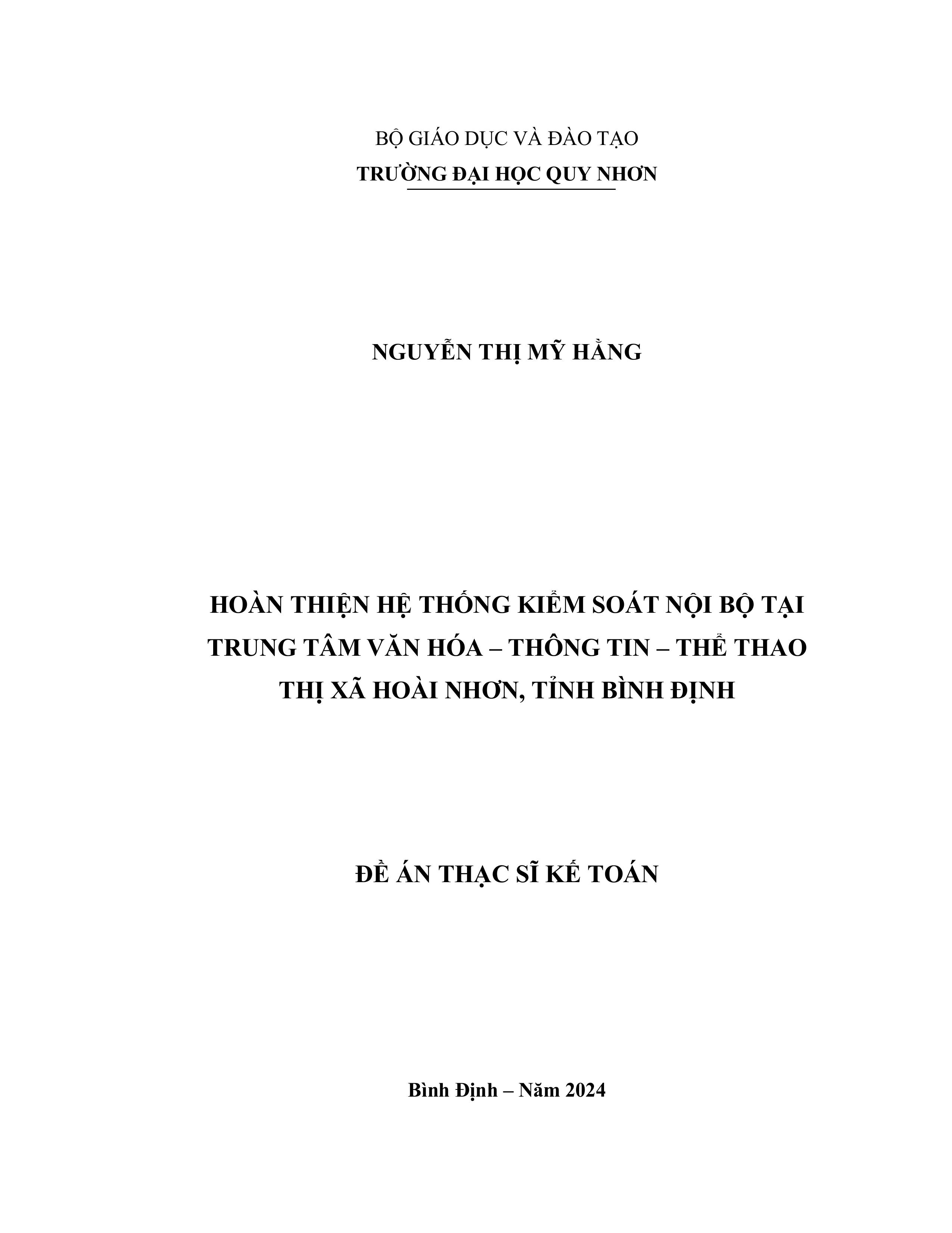 Hoàn thiện hệ thống kiểm soát nội bộ tại Trung tâm Văn hóa - Thông tin - Thể thao thị xã Hoài Nhơn, tỉnh Bình Định