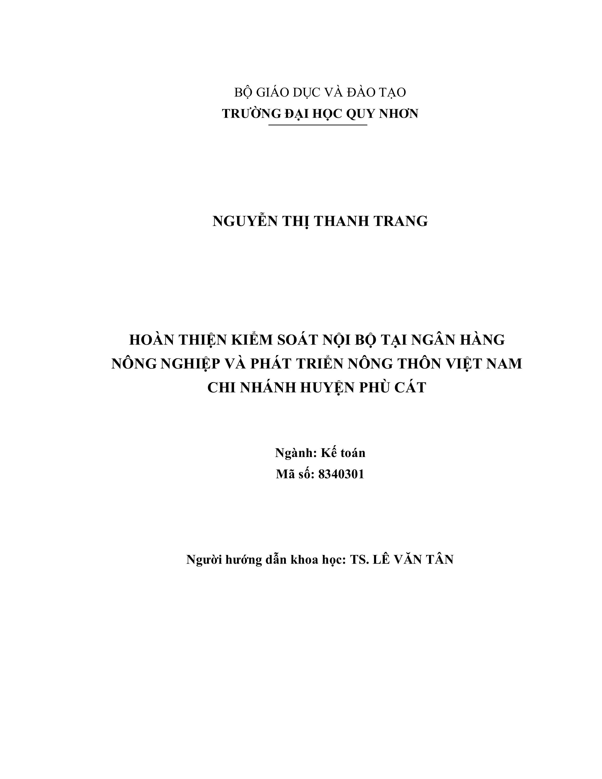 Hoàn thiện kiểm soát nội bộ tại Ngân hàng Nông nghiệp và Phát triển Nông thôn Việt Nam - chi nhánh huyện Phù Cát