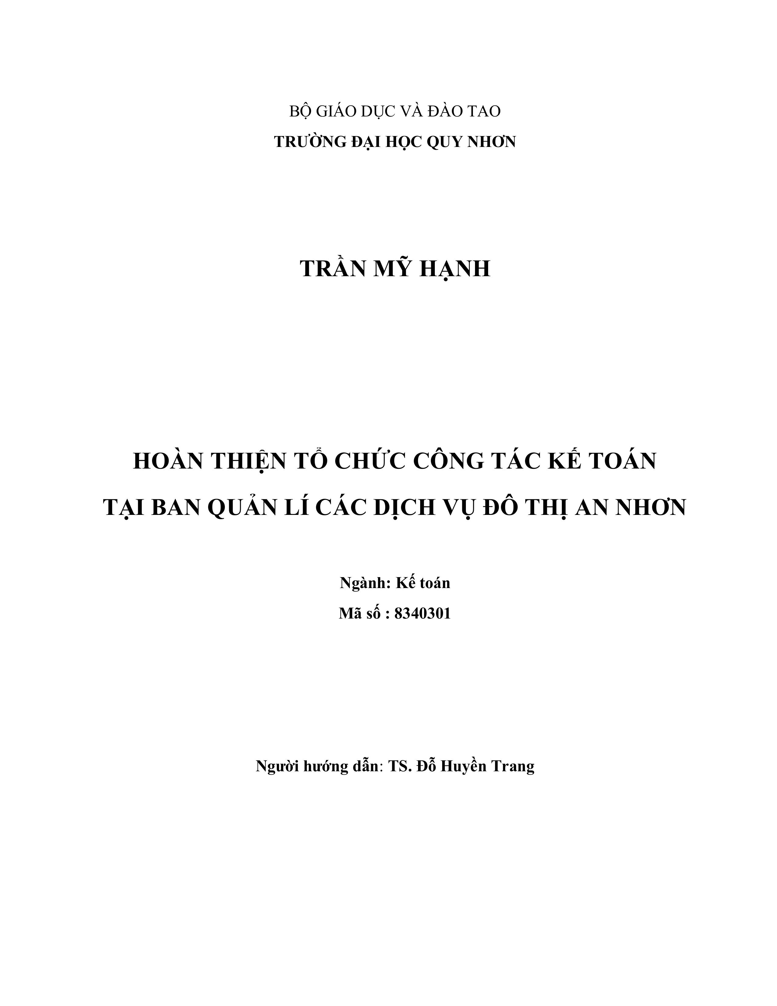 Hoàn thiện tổ chức kế toán tại Ban quản lý các dịch vụ đô thị An Nhơn