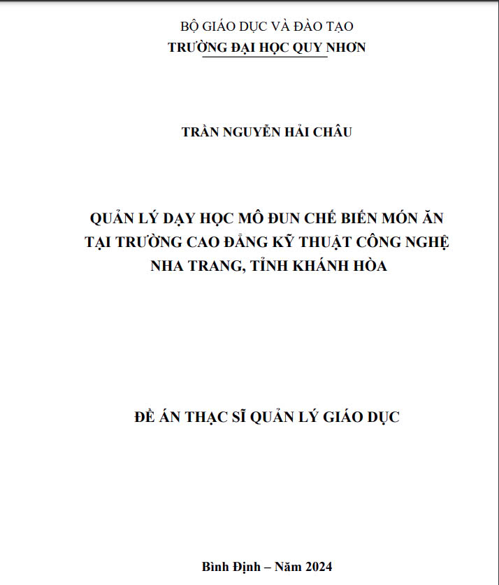 Quản lý dạy học mô đun chế biến món ăn tại Trường Cao đẳng Kỹ thuật Công nghệ Nha Trang, tỉnh Khánh Hòa