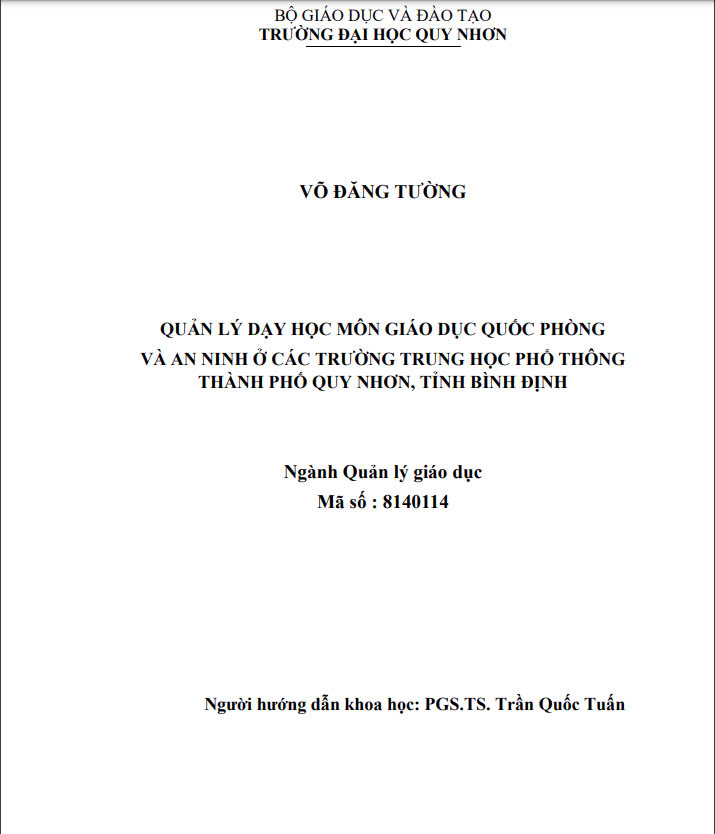 Quản lý dạy học môn Giáo dục Quốc phòng và An ninh ở các trường trung học phổ thông thành phố Quy Nhơn, tỉnh Bình Định