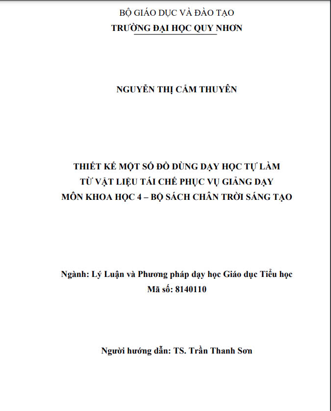 Thiết kế một số đồ dùng dạy học tự làm từ vật liệu tái chế phục vụ giảng dạy môn Khoa học 4 - Bộ sách Chân trời sáng tạo