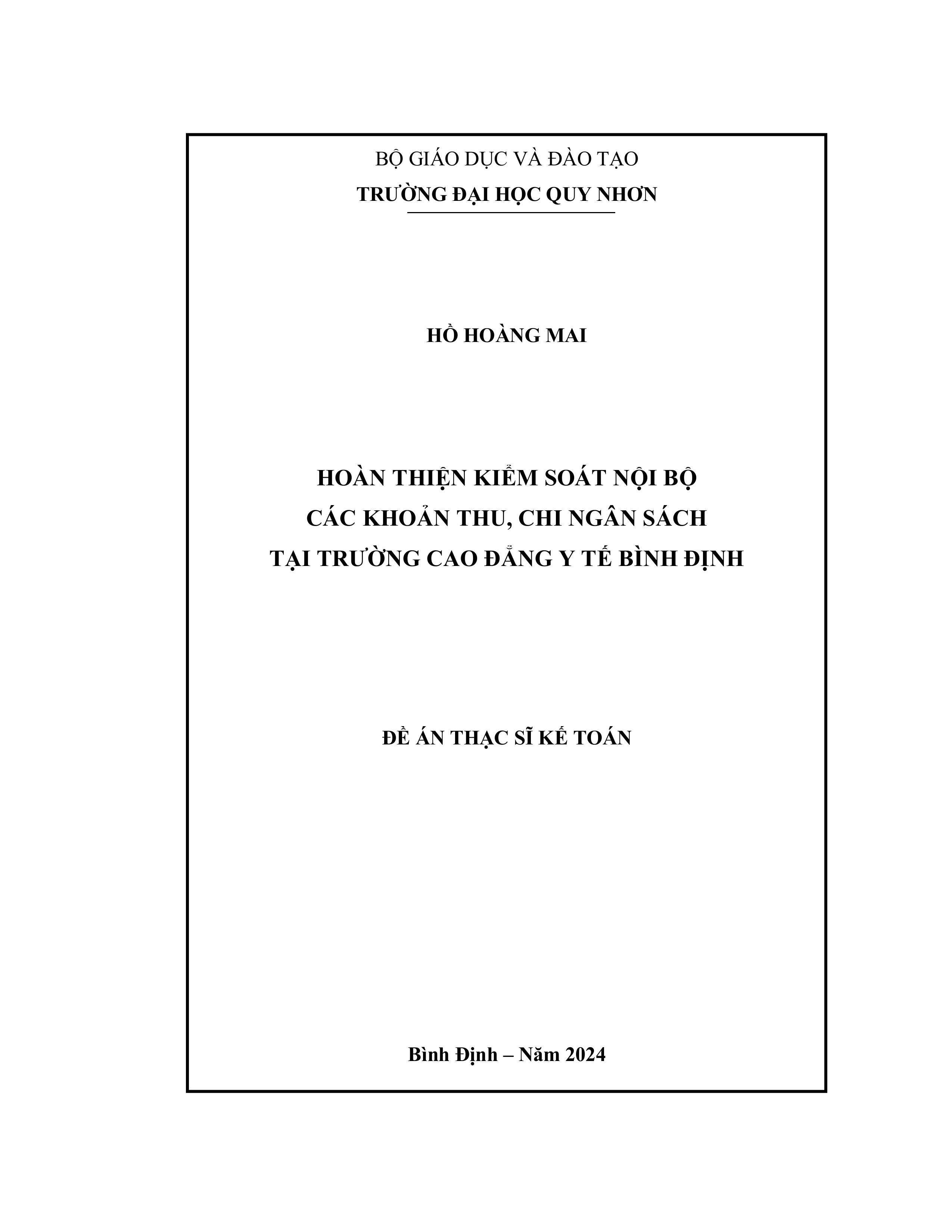 Hoàn thiện kiểm soát nội bộ các khoản thu, chi ngân sách tại Trường Cao đẳng Y tế Bình Đinh