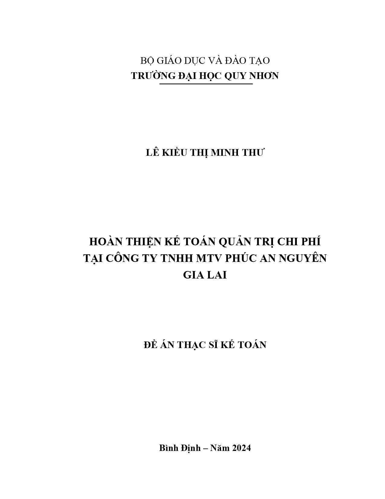 Hoàn thiện kế toán quản trị chi phí tại công ty TNHH MTV Phúc An Nguyên Gia Lai