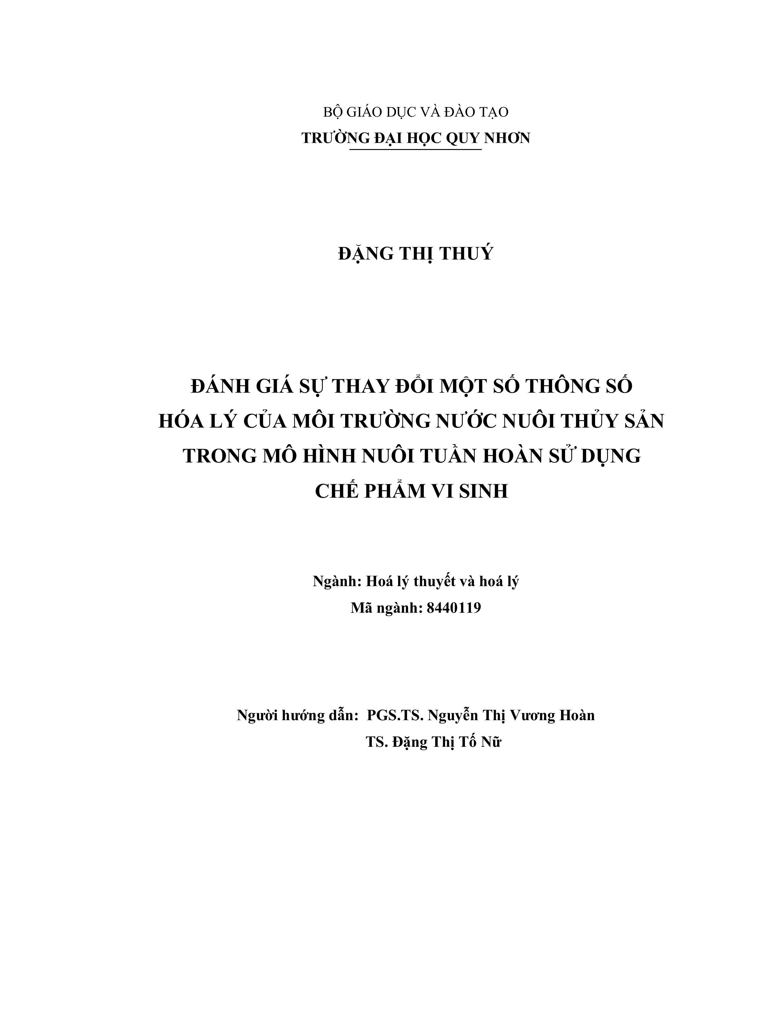 Đánh giá sự thay đổi một số thông số hoá lý của môi trường nước nuôi thuỷ sản trong mô hình nuôi tuần hoàn sử dụng chế phẩm vi sinh