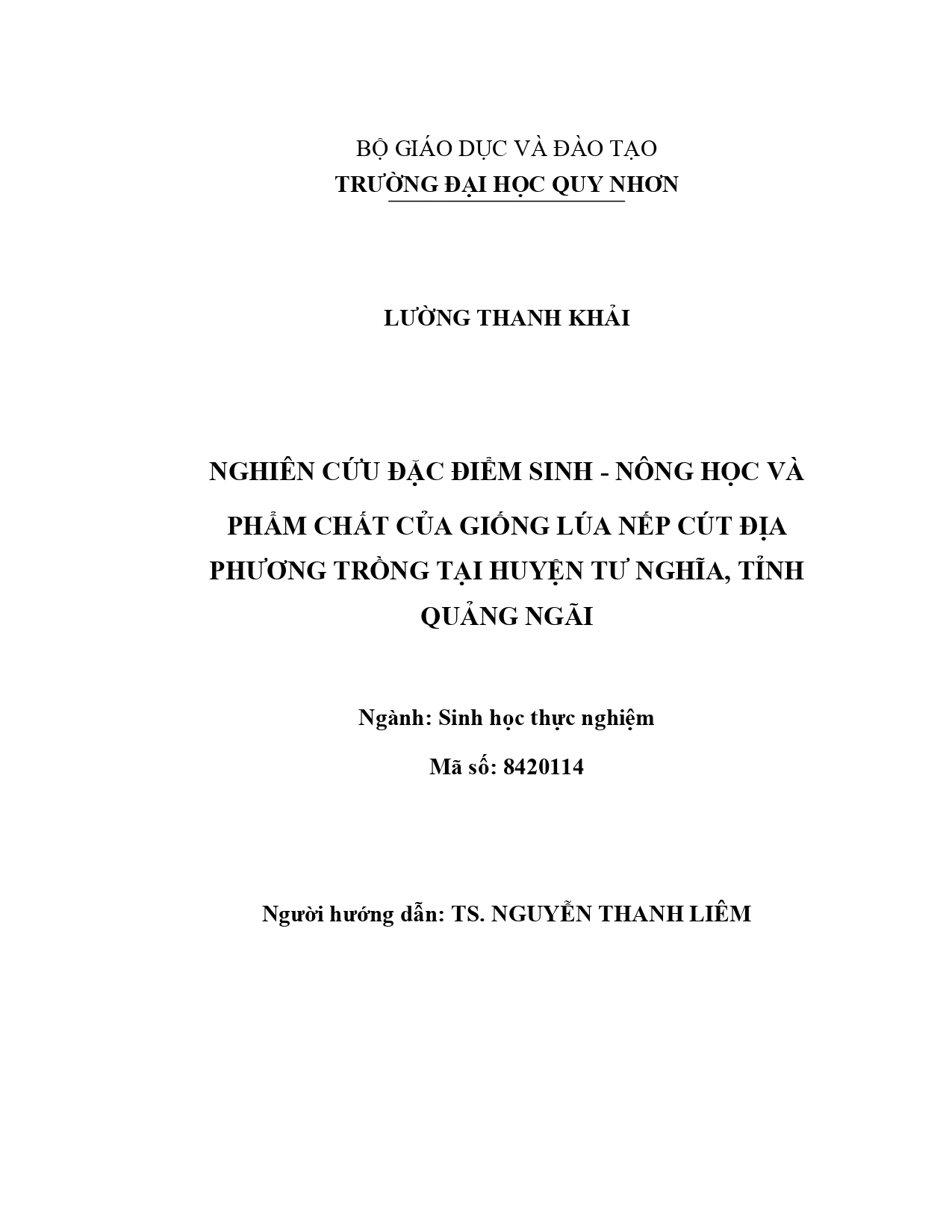 Nghiên cứu đặc điểm sinh - nông học và phẩm chất của giống lúa nếp Cút địa phương trồng tại huyện Tư nghĩa, tỉnh Quảng ngãi