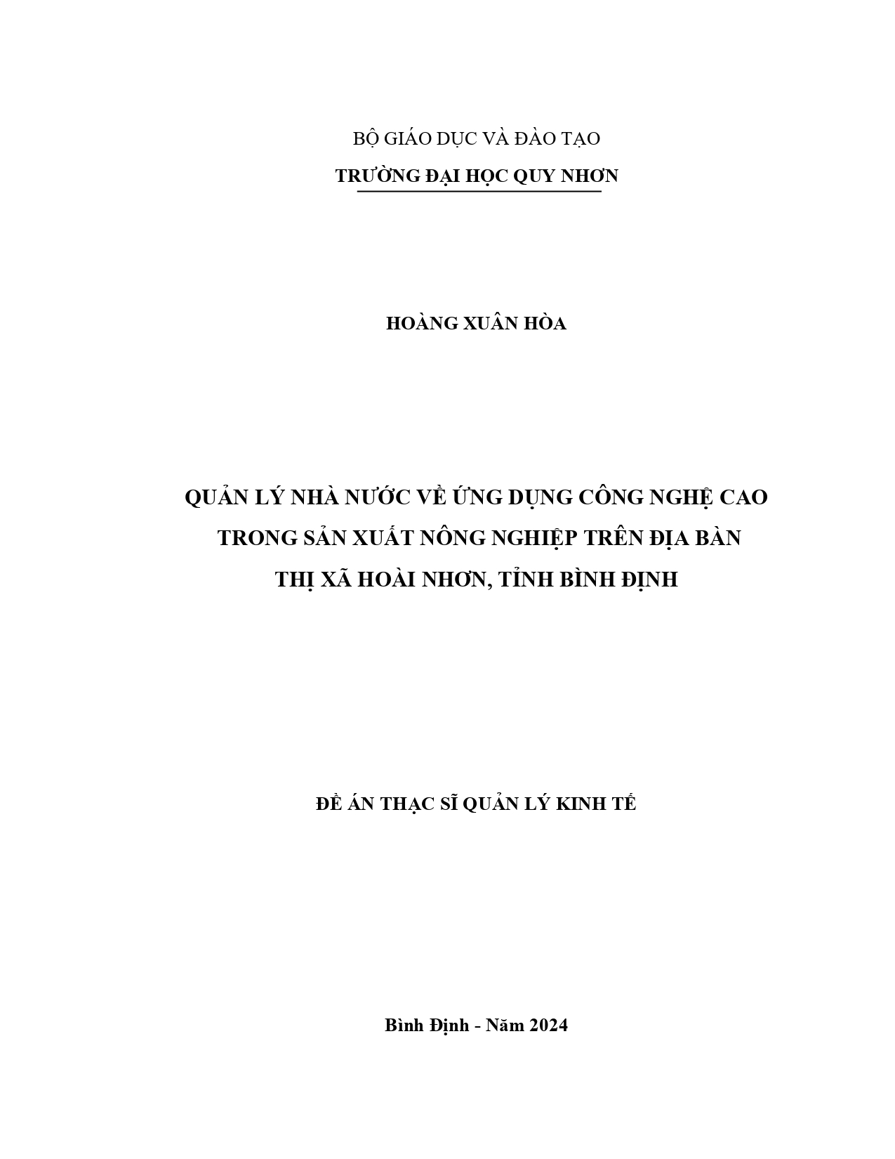 Quản lý nhà nước về ứng dụng công nghệ cao trong sản xuất nông nghiệp trên địa bàn thị xã Hoài Nhơn, tỉnh Bình Định