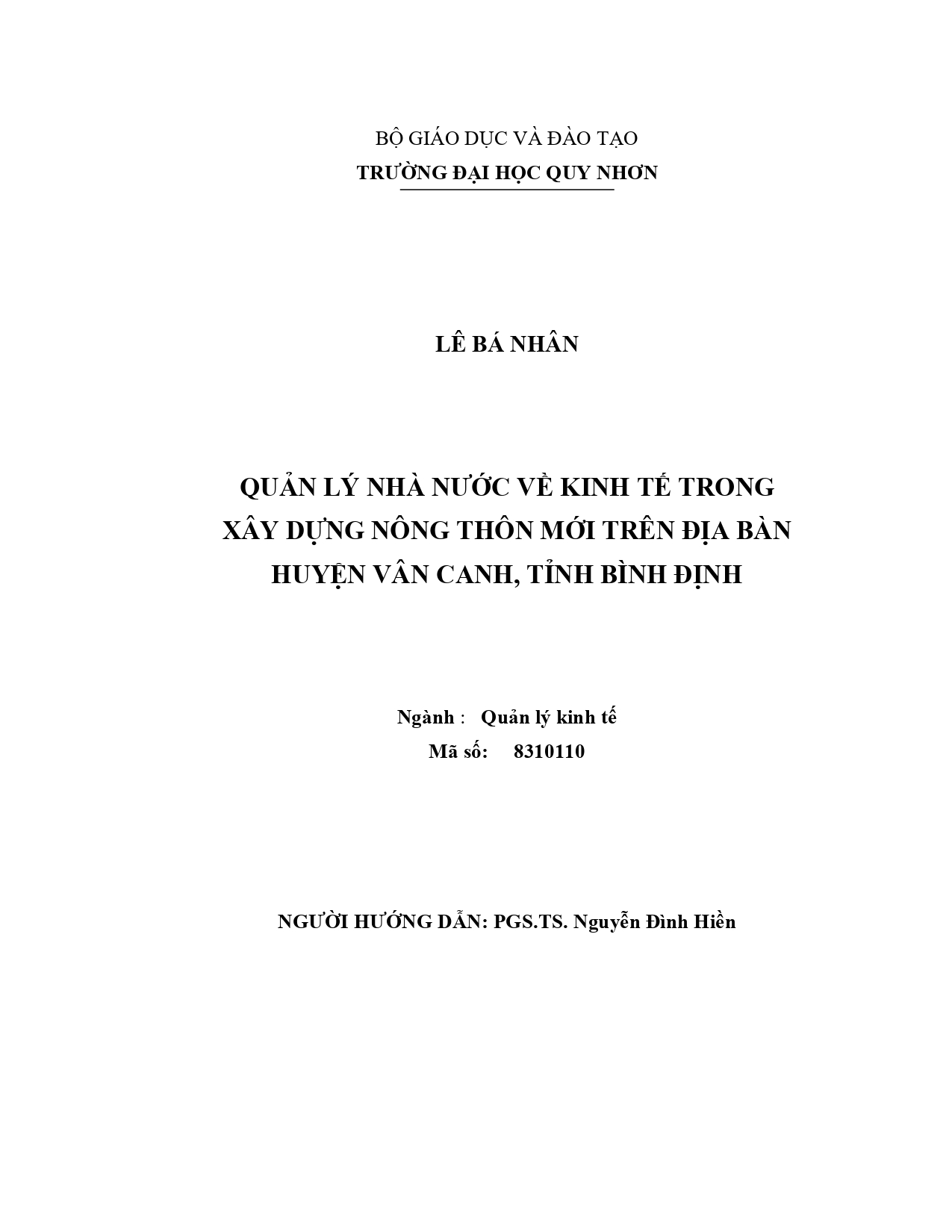 Quản lý nhà nước về kinh tế trong xây dựng nông thôn mới trên địa bàn huyện Vân Canh, tỉnh Bình Định