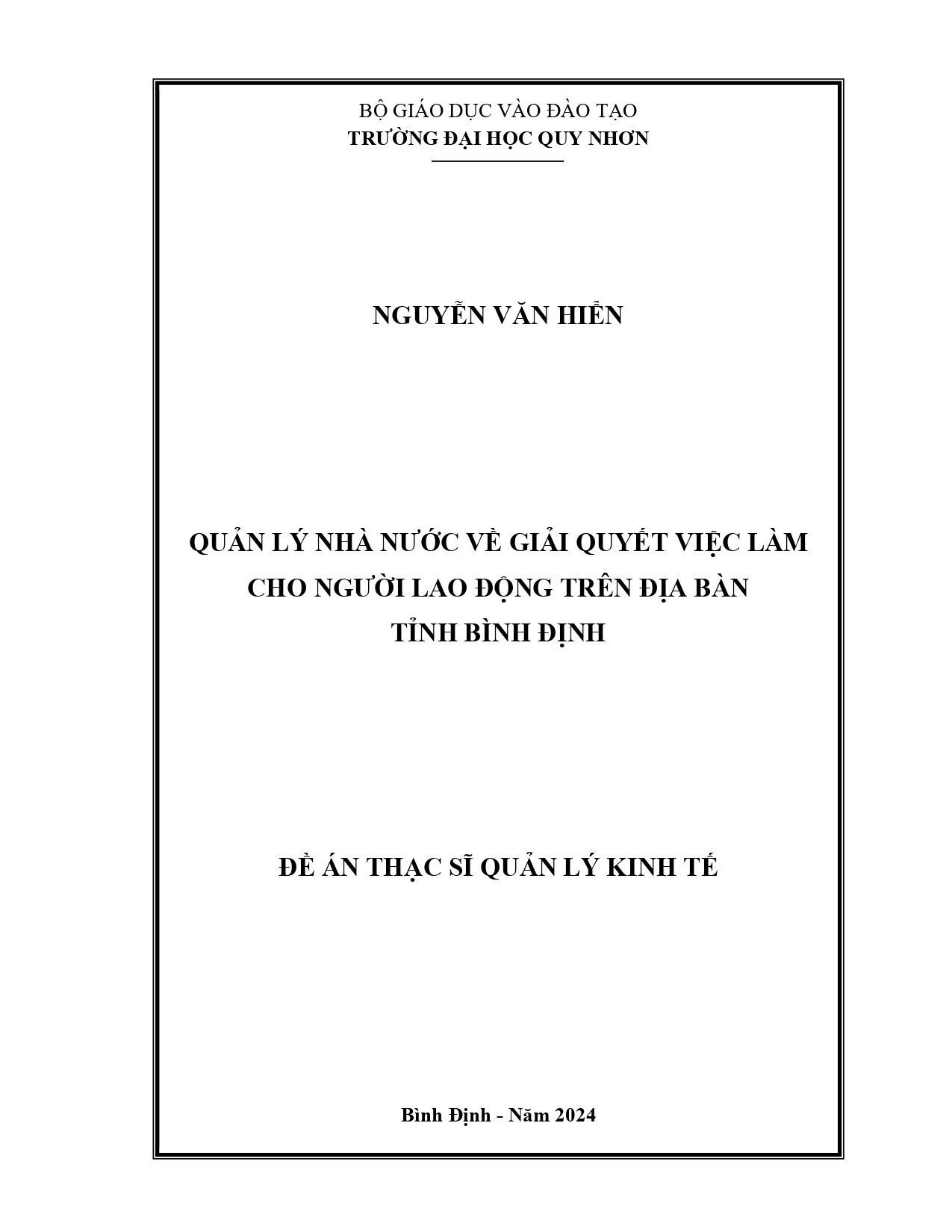 Quản lý nhà nước về giải quyết việc làm cho người lao động trên địa bàn tỉnh Bình Định