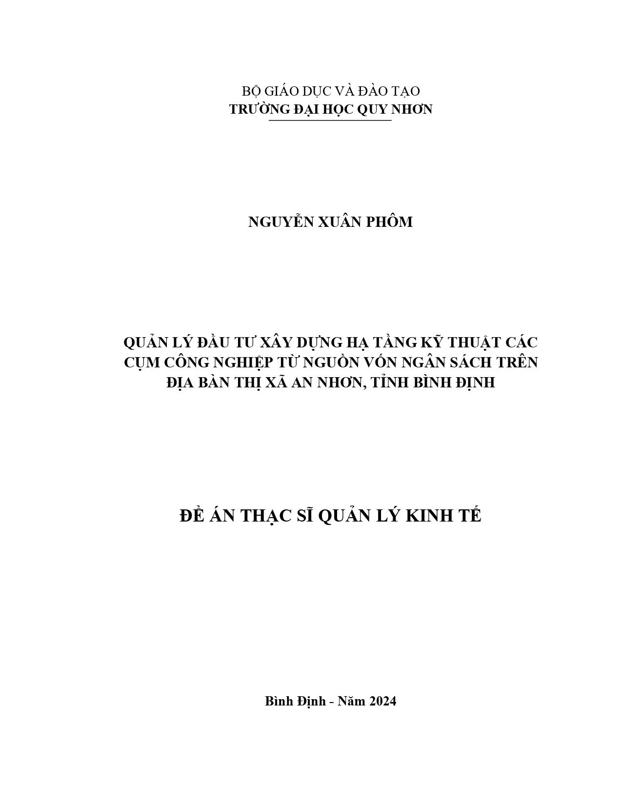 Quản lý đầu tư xây dựng hạ tầng kỹ thuật các cụm công nghiệp từ nguồn vốn ngân sách trên địa bàn thị xã An Nhơn, tỉnh Bình Định