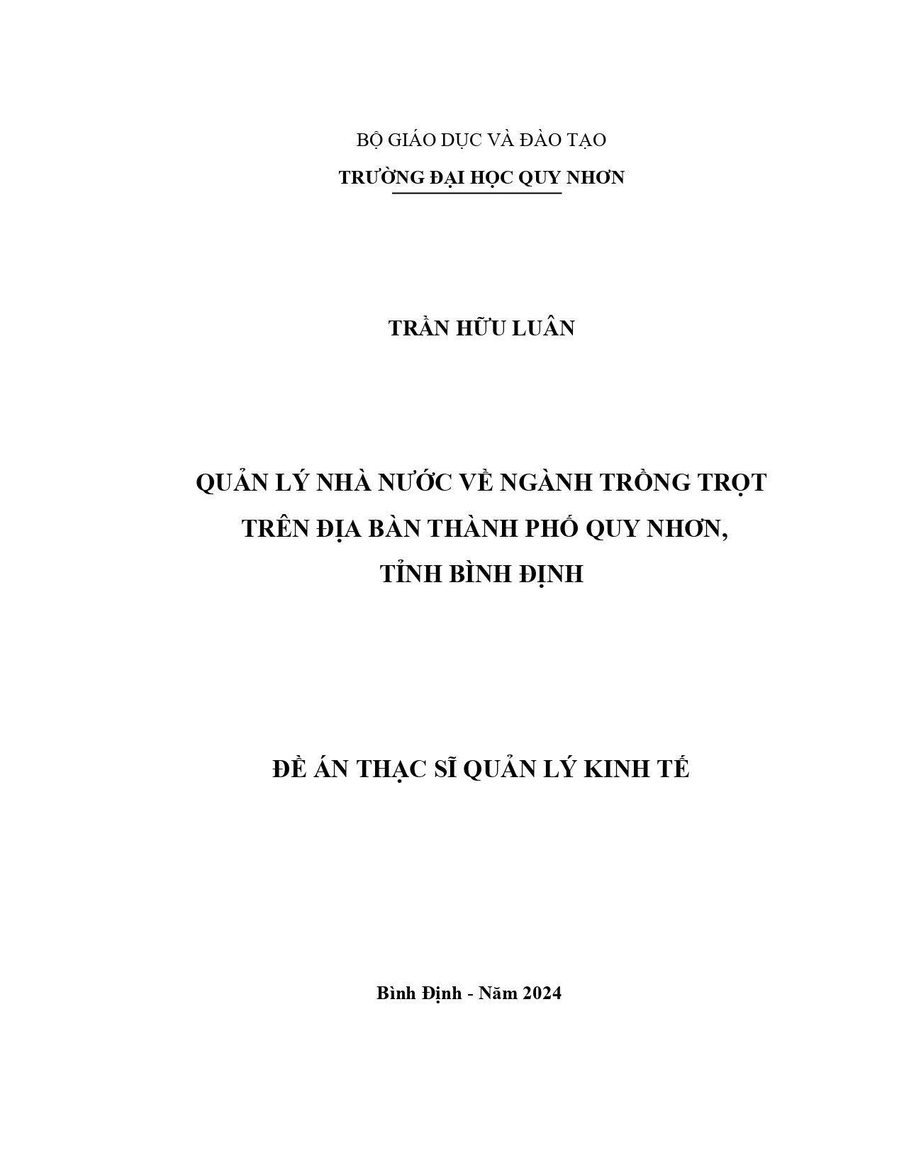 Quản lý nhà nước về ngành trồng trọt trên địa bàn thành phố Quy Nhơn, tỉnh Bình Định