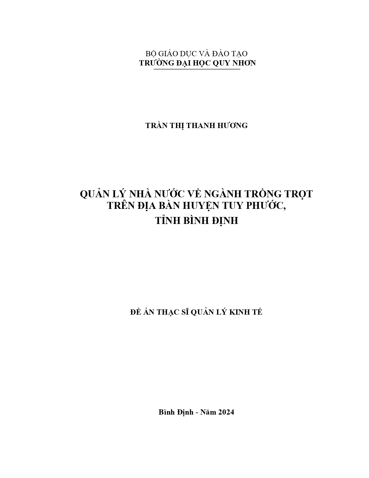 Quản lý nhà nước về ngành trồng trọt trên địa bàn huyện Tuy Phước, tỉnh Bình Định