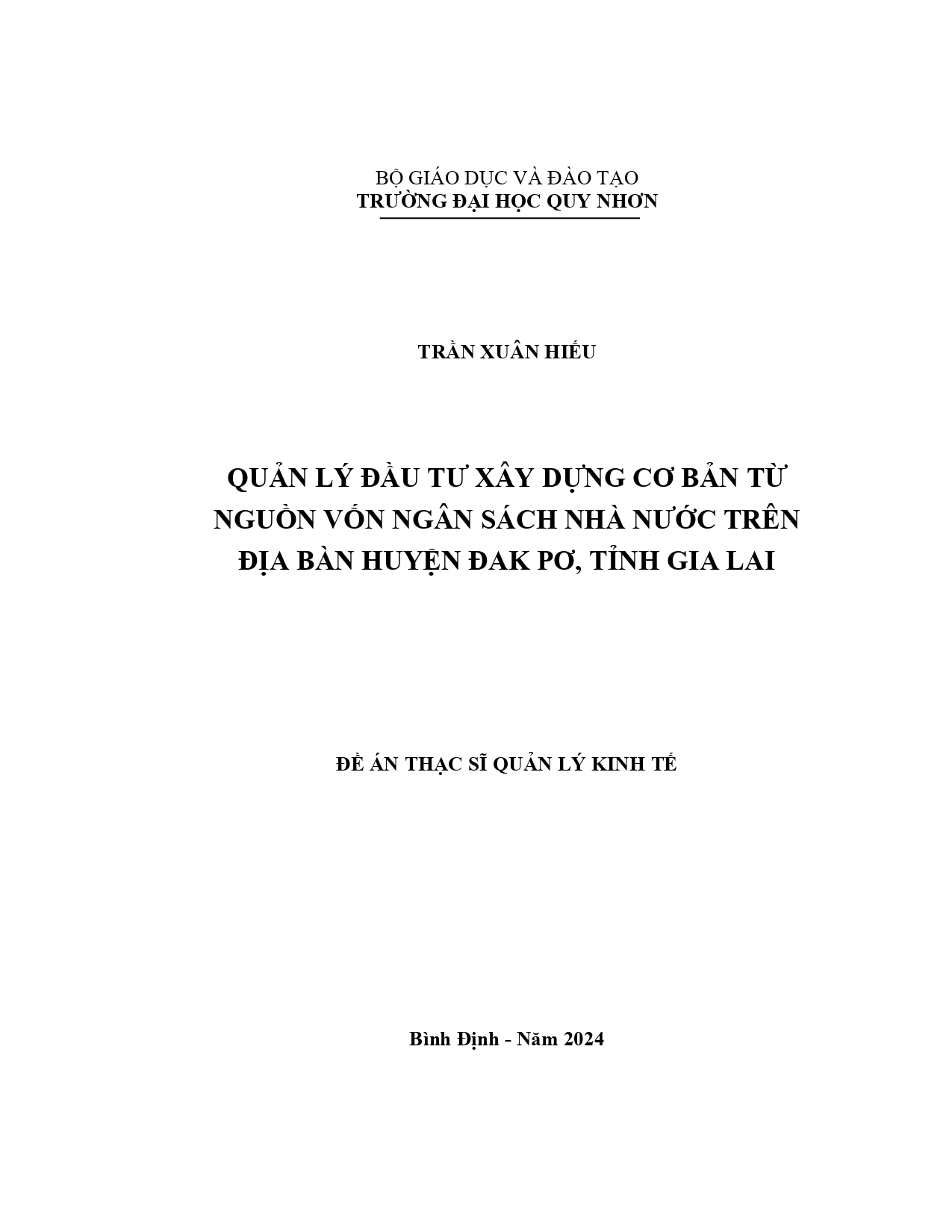 Quản lý đầu tư xây dựng cơ bản từ nguồn vốn ngân sách nhà nước trên địa bàn huyện Đak Pơ, tỉnh Gia Lai