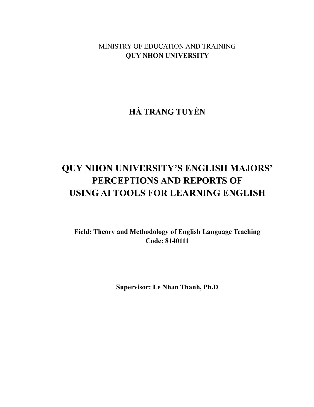 Quy Nhon University’s English majors’ perceptions and reports of using AI for learning English