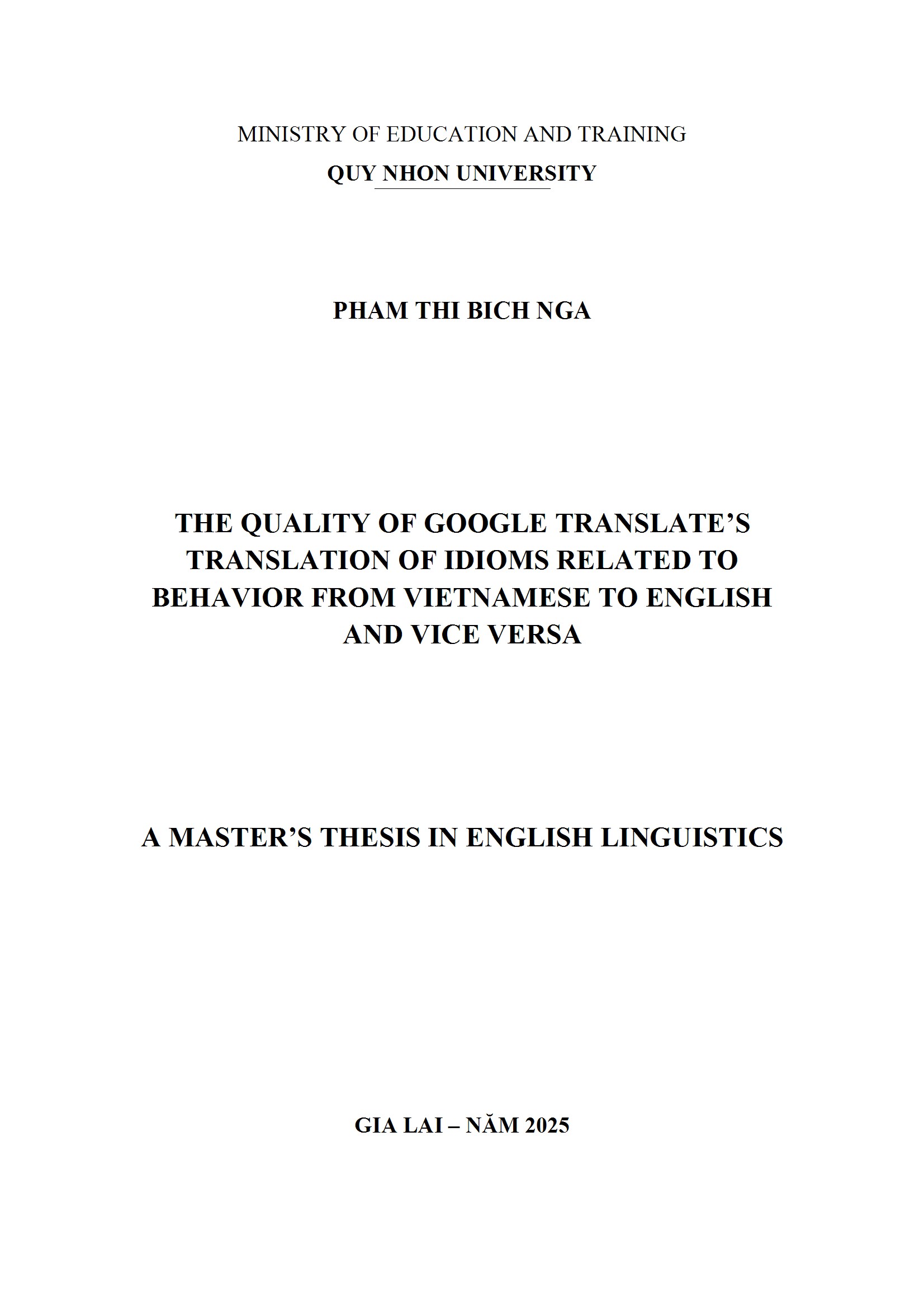 The Quality of Google's Translation of Idiom Related to Behavior from Vietnamese to English and Vice Versa