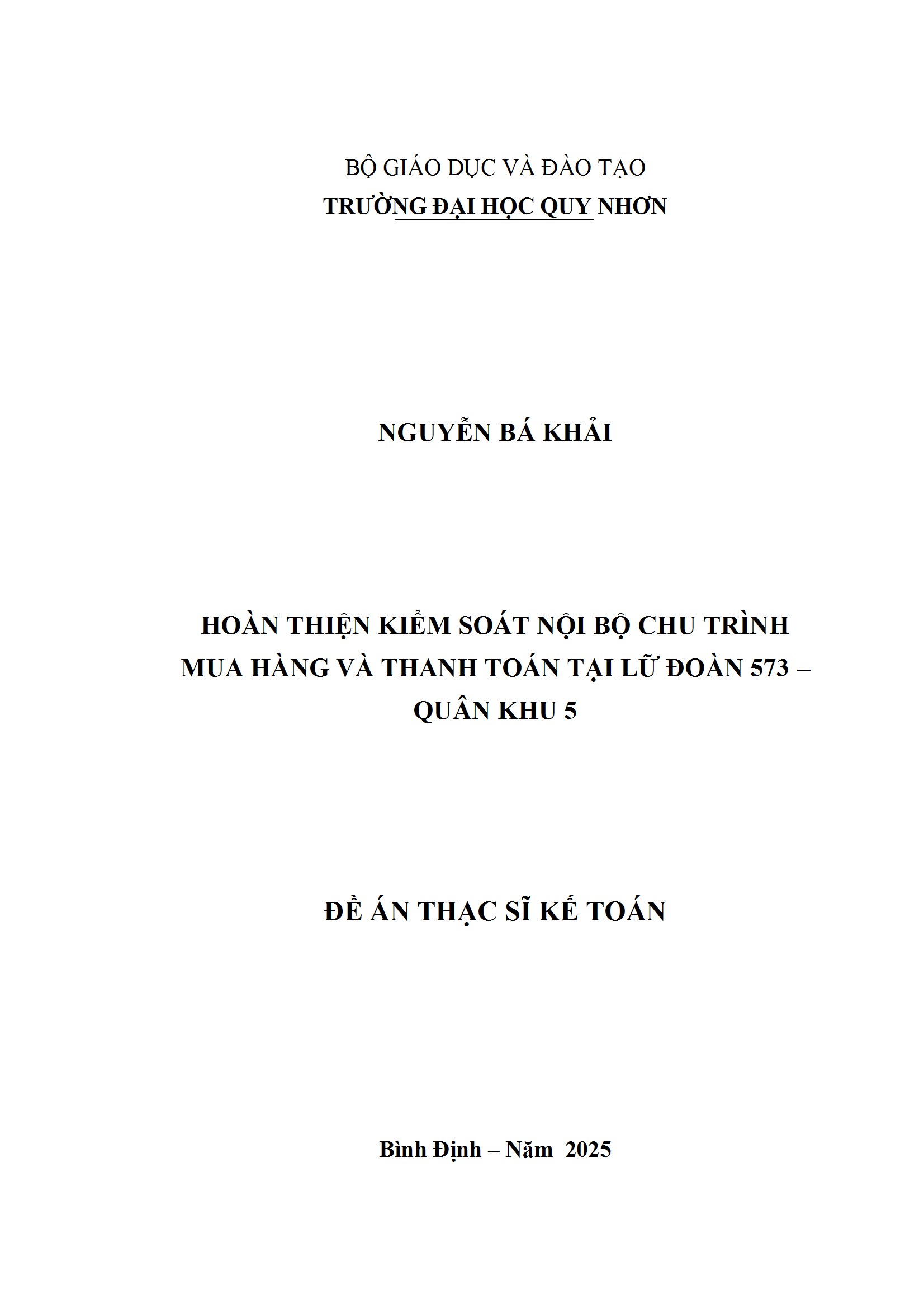Hoàn thiện kiểm soát nội bộ chu trình mua hàng và thanh toán tại Lữ đoàn 573 - Quân khu 5
