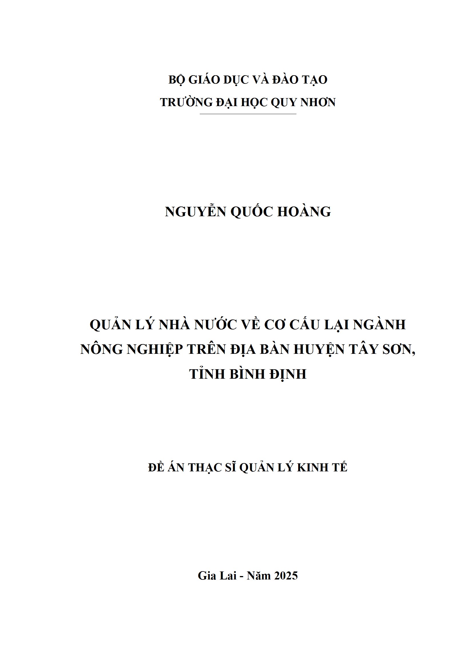 Quản lý nhà nước về cơ cấu lại ngành nông nghiệp trên địa bàn huyện Tây Sơn, tỉnh Bình Định