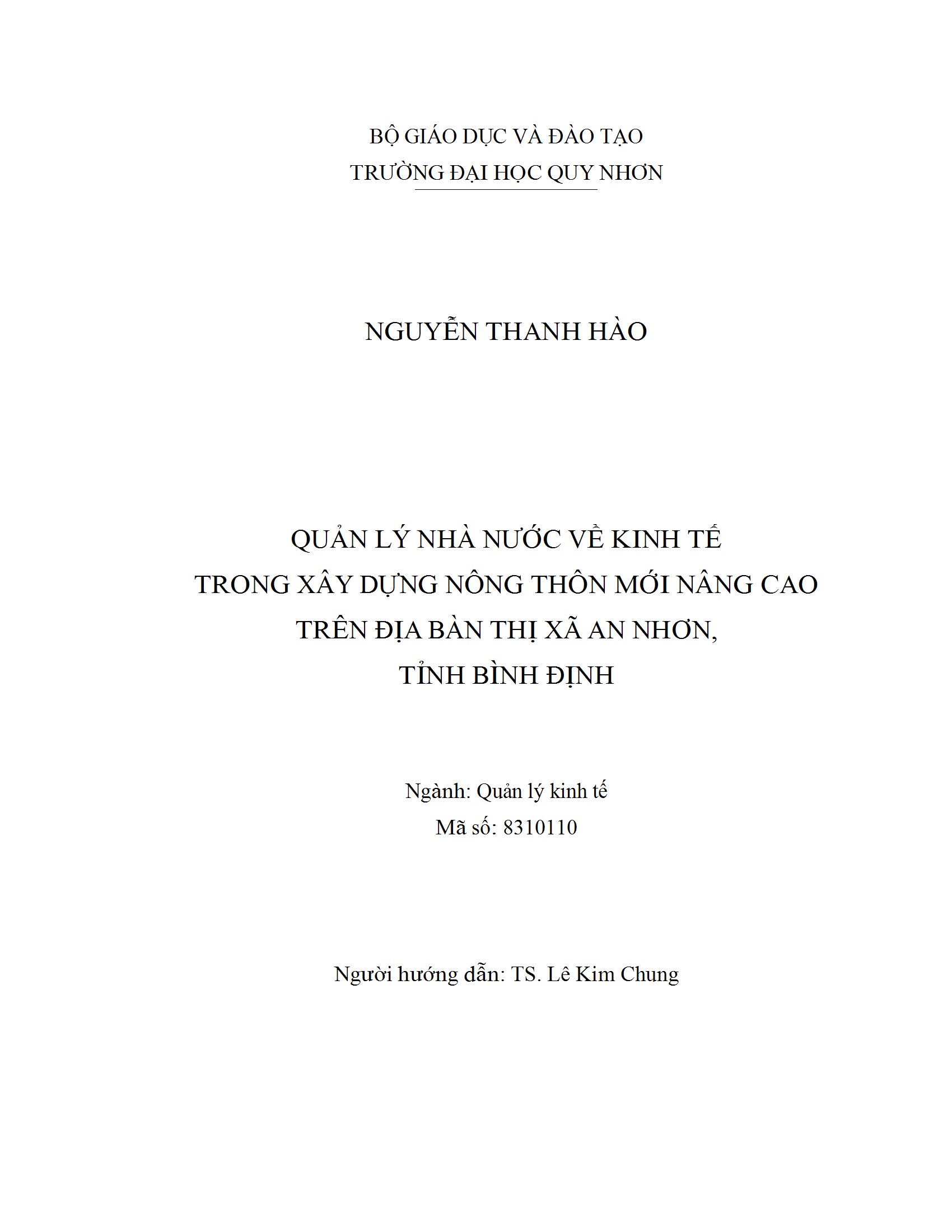 Quản lý nhà nước về kinh tế trong xây dựng nông thôn mới nâng cao trên địa bàn thị xã An Nhơn, tỉnh Bình Định