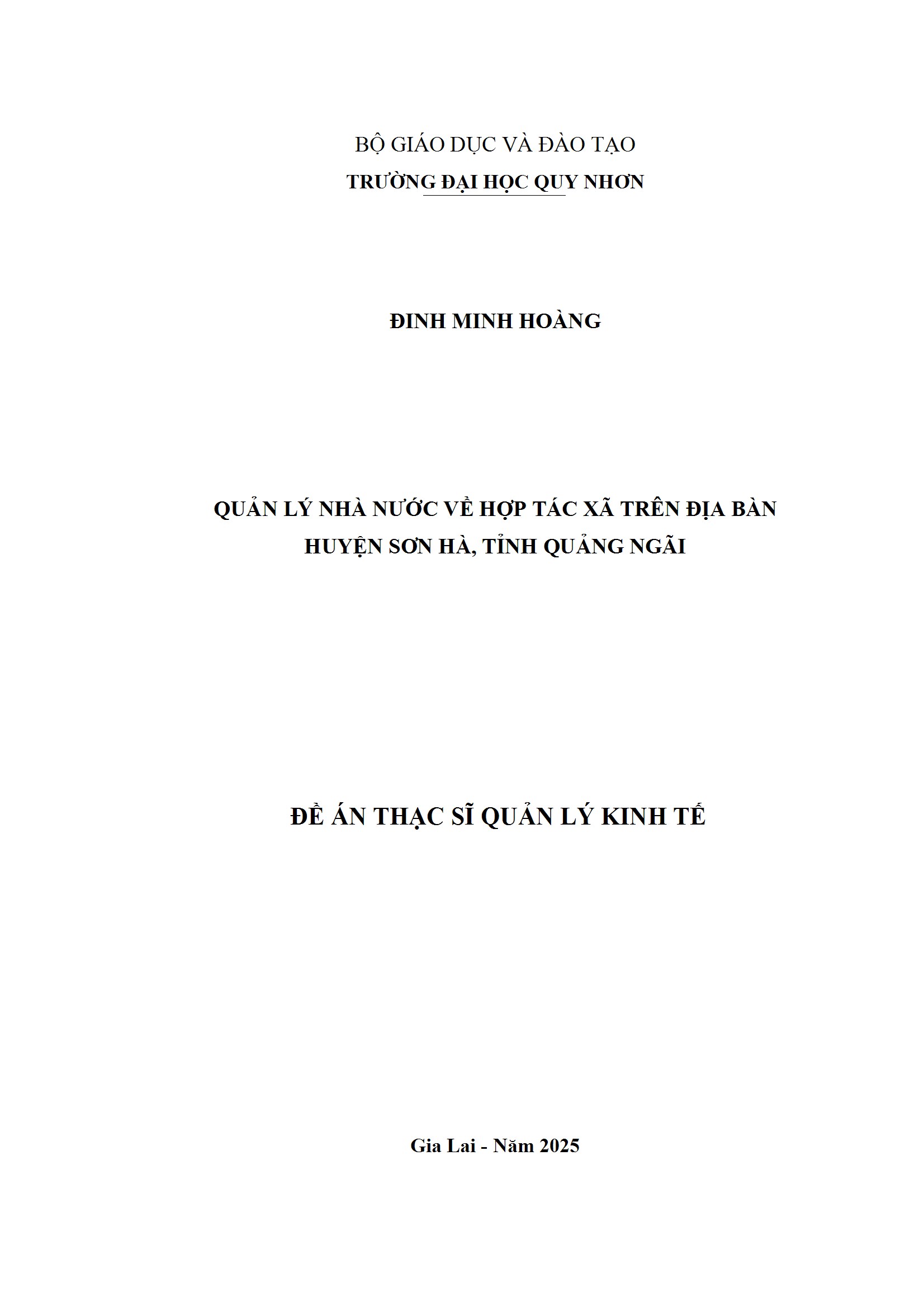 Quản lý nhà nước về hợp tác xã trên địa bàn huyện Sơn Trà, tỉnh Quảng Ngãi