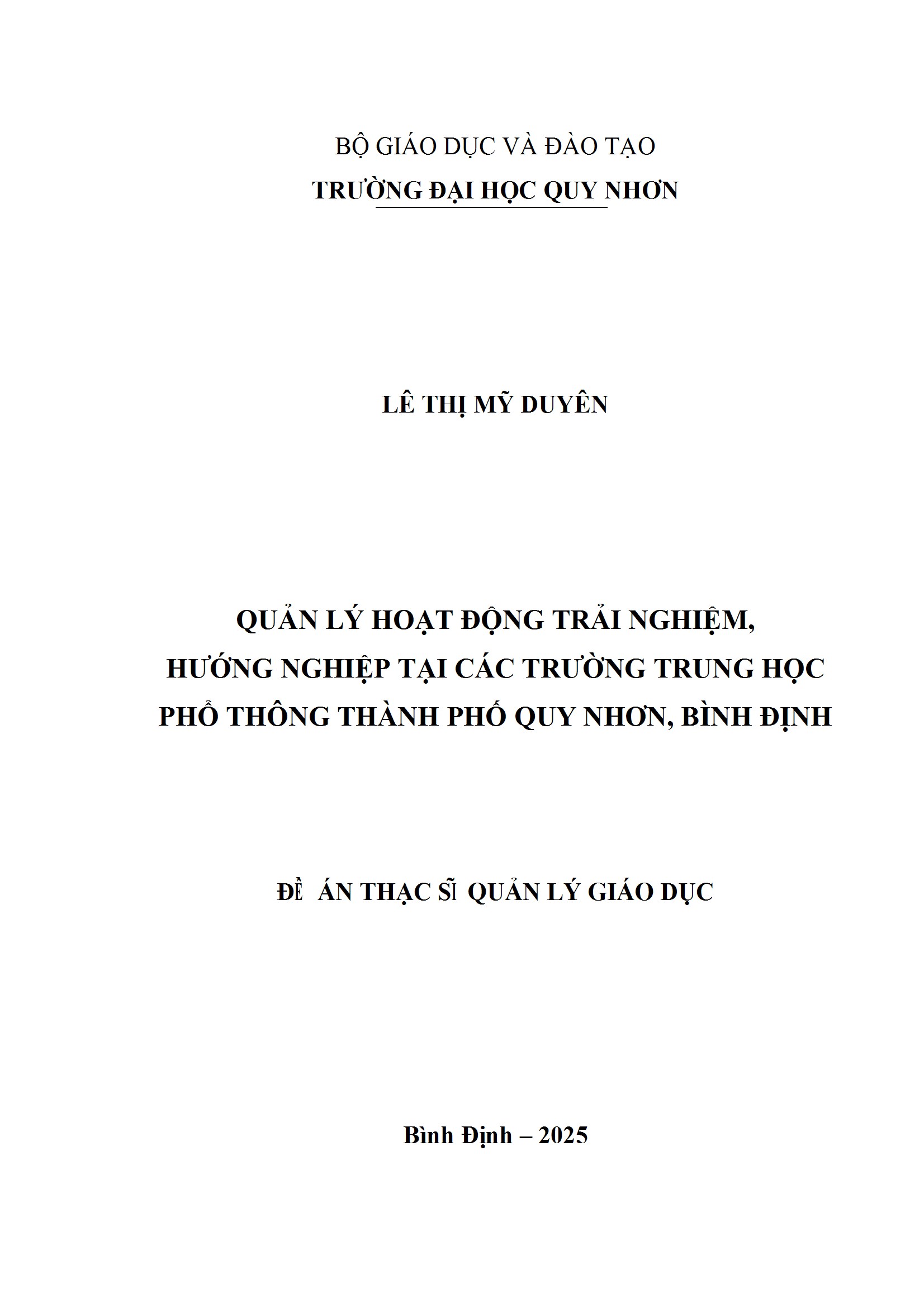 Quản lý hoạt động trải nghiệm, hướng nghiệp tại các trường Trung học phổ thông thành phố Quy Nhơn, Bình Định