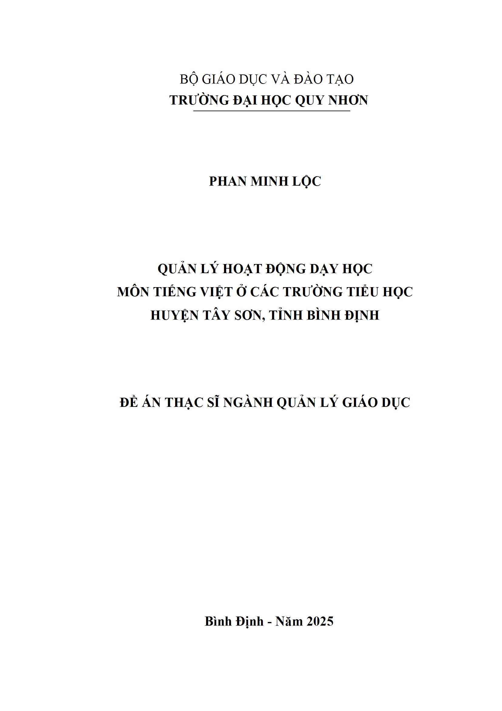 Quản lý hoạt động dạy học môn Tiếng Việt ở các trường Tiểu học huyện Tây Sơn, tỉnh Bình Định