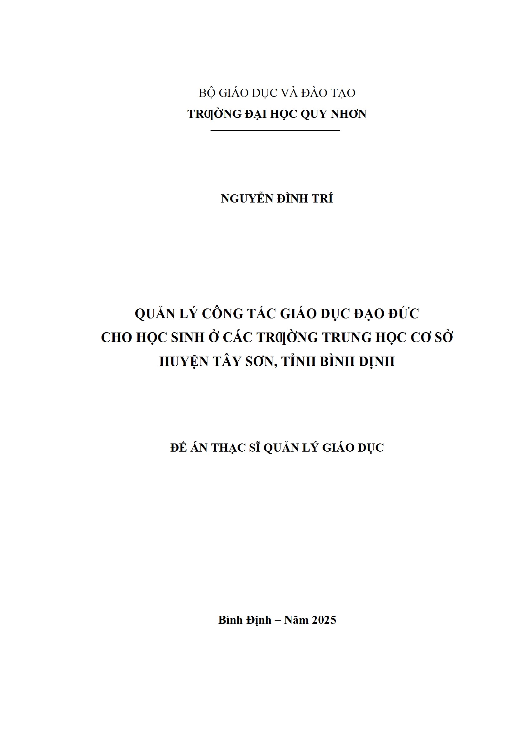 Quản lý công tác giáo dục đạo đức cho học sinh ở các trường Trung học cơ sở huyện Tây Sơn, tỉnh Bình Định