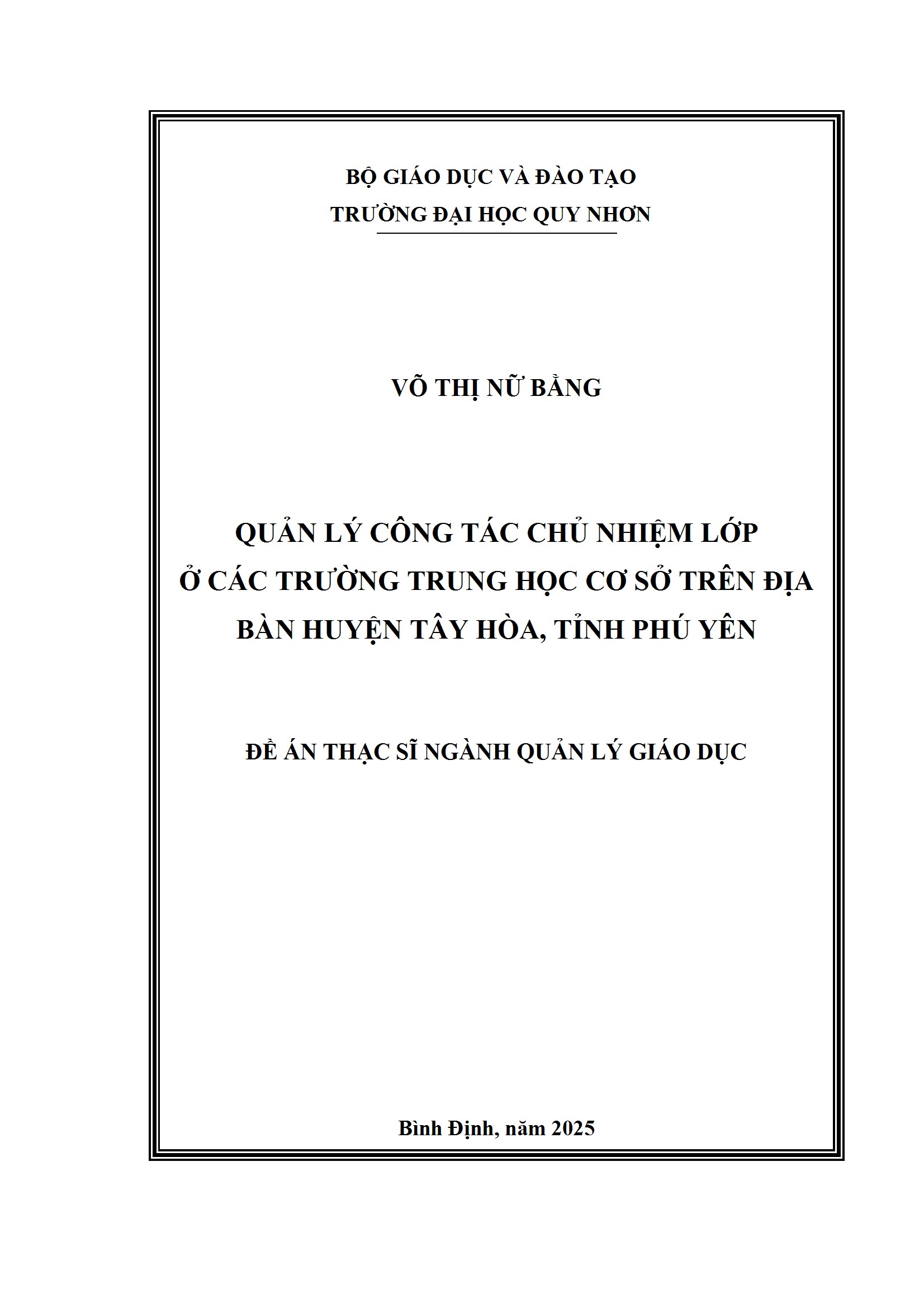 Quản lý công tác chủ nhiệm lớp ở các trường Trung học cơ sở trên địa bàn huyện Tây Hoà, tỉnh Phú Yên