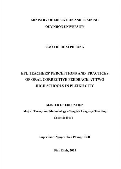 EFL teachers' perceptions and practices of oral corrective feedback at two High schools in Pleiku city