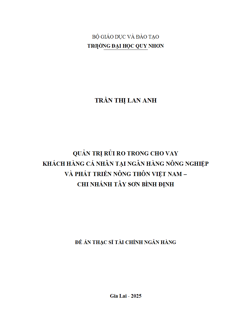 Quản trị rủi ro trong cho vay khách hàng cá nhân tại Ngân hàng Nông nghiệp và Phát triển nông thôn Việt Nam – Chi nhánh Tây Sơn Bình Định