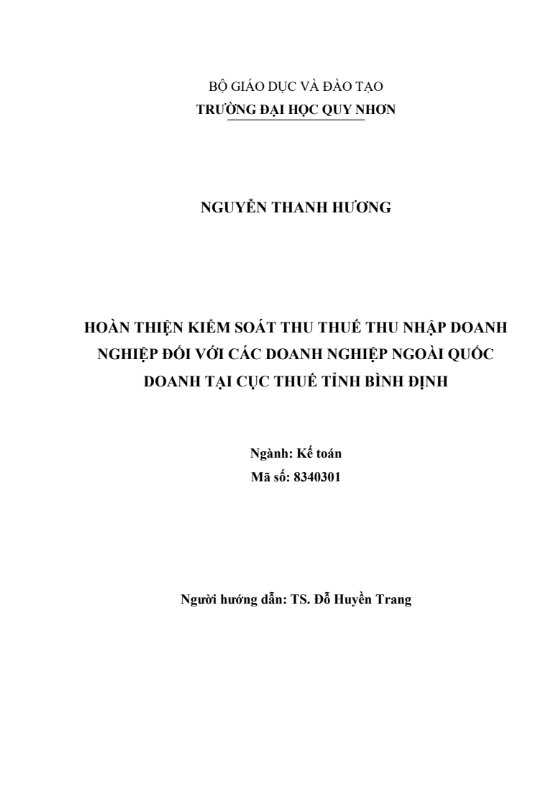 Hoàn thiện kiểm soát thu thuế thu nhập doanh nghiệp đối với các doanh nghiệp ngoài quốc doanh tại Cục Thuế tỉnh Bình Định